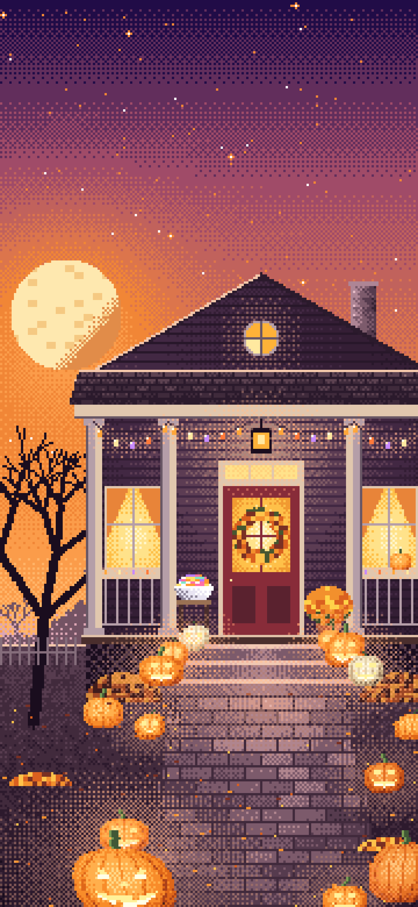 Orange Pixel Art Halloween Front Porch at Night wallpaper for iPhone and Android