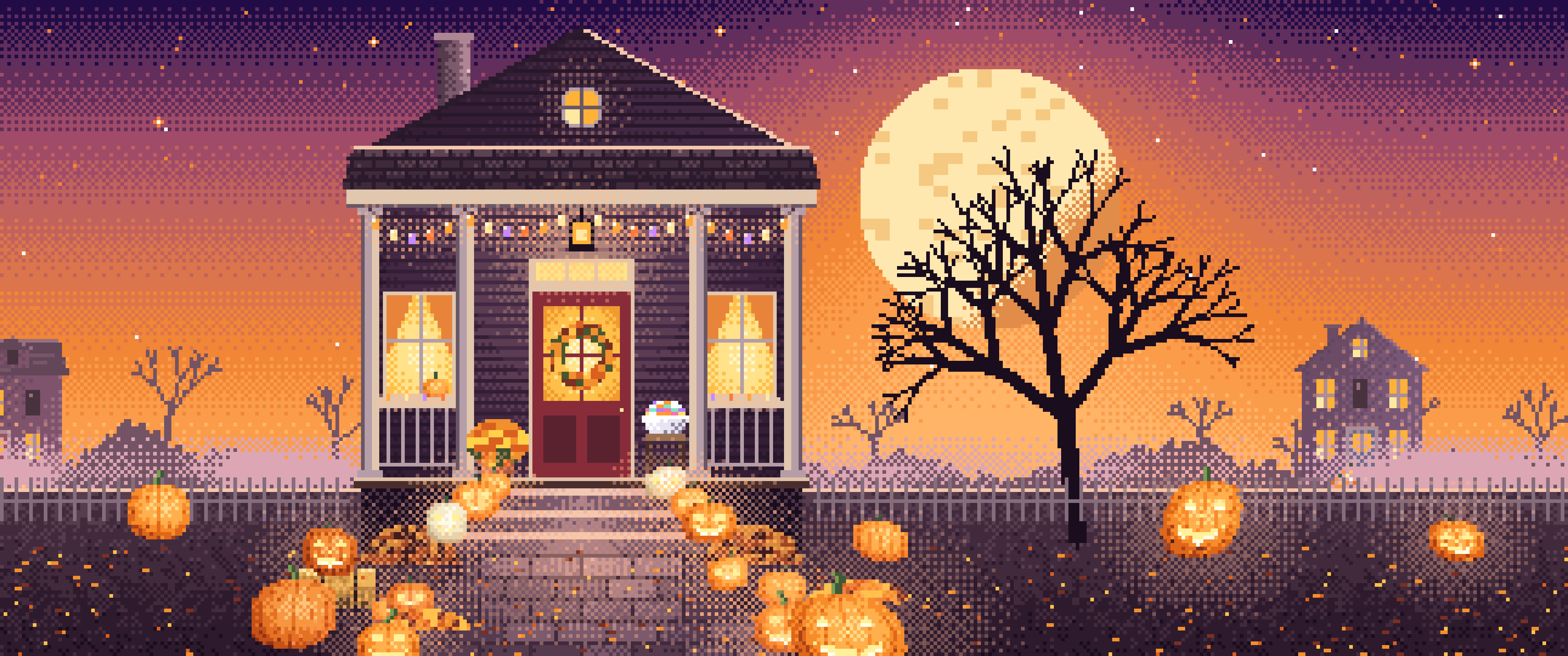 Orange Pixel Art Halloween Front Porch at Night ultrawide wallpaper, 3440 × 1440