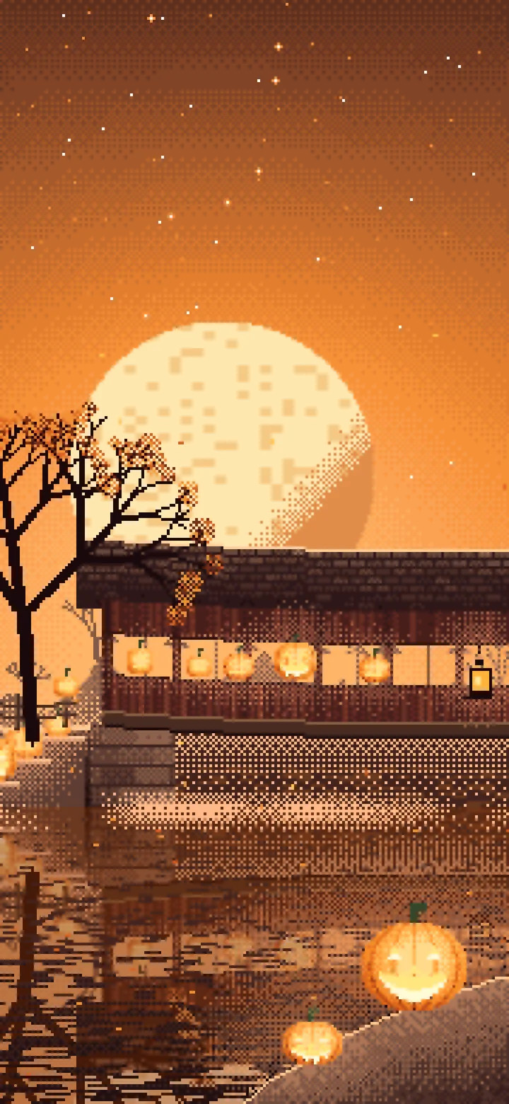 Orange Pixel Art Halloween Pumpkin Bridge at Night wallpaper for iPhone and Android