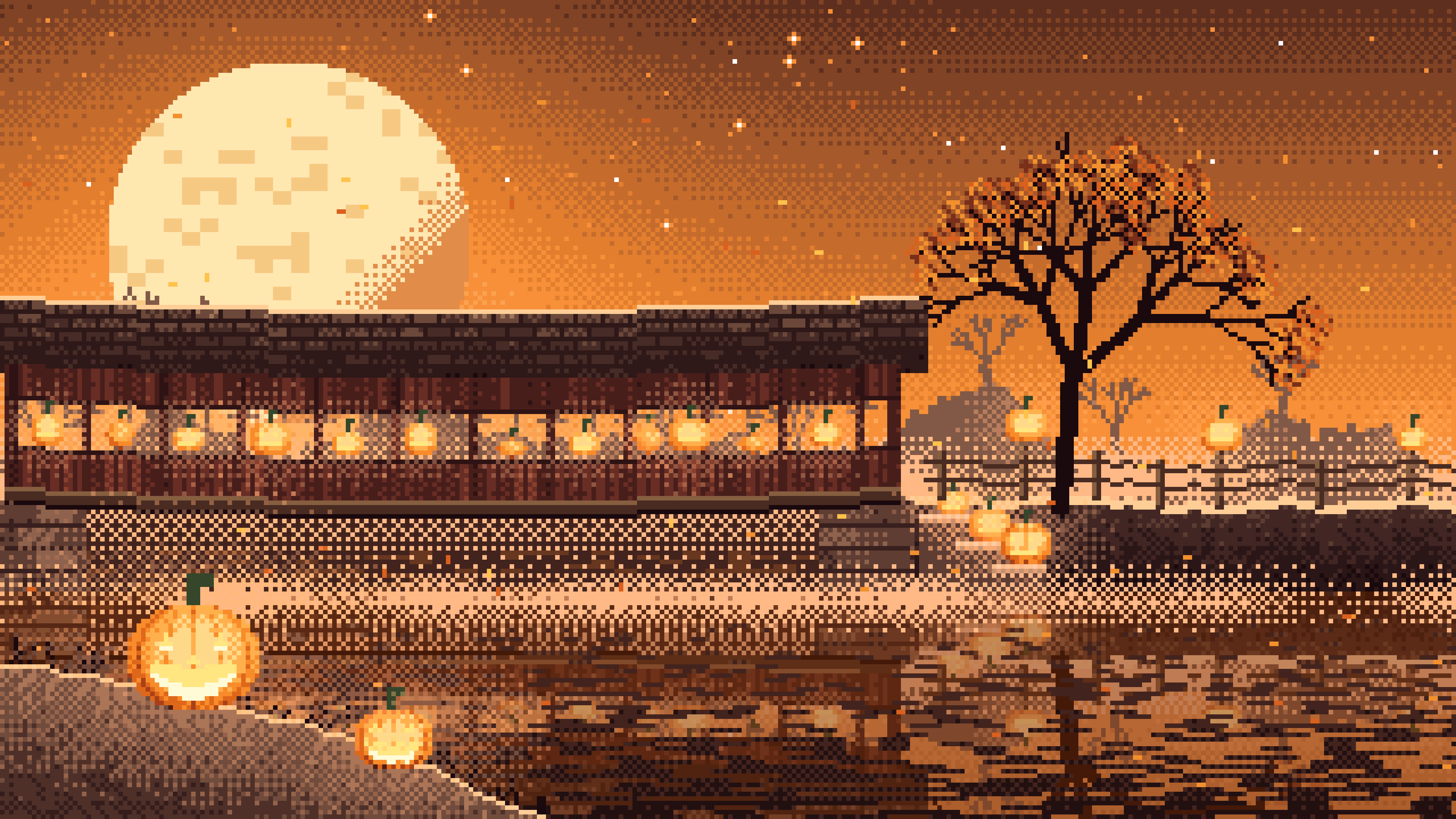 Orange Pixel Art Halloween Pumpkin Bridge at Night desktop wallpaper in 4K