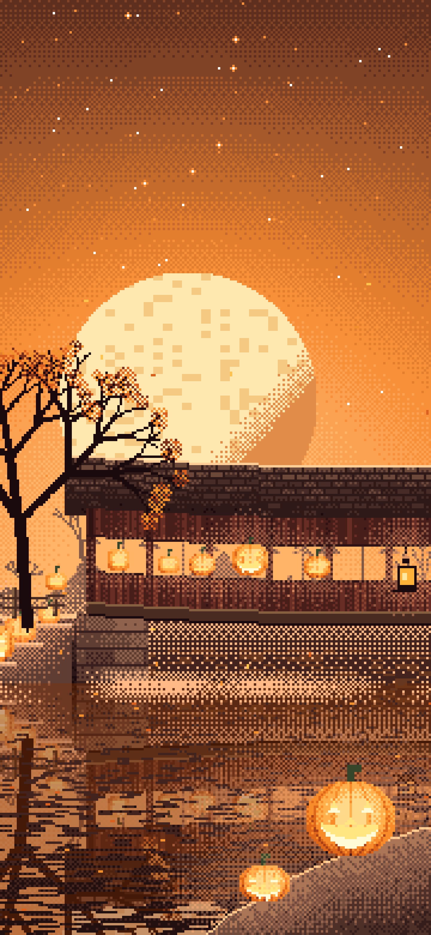 Orange Pixel Art Halloween Pumpkin Bridge at Night wallpaper for iPhone and Android