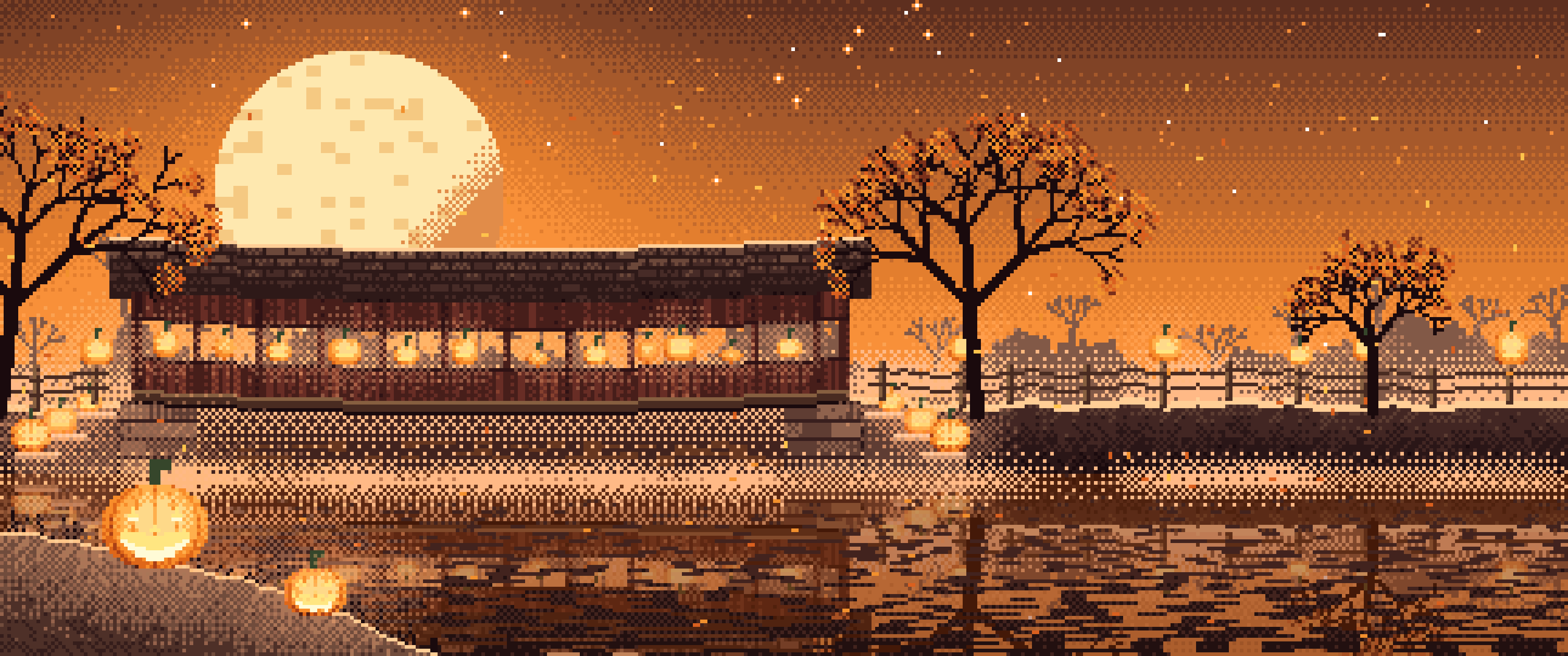 Orange Pixel Art Halloween Pumpkin Bridge at Night ultrawide wallpaper, 3440 × 1440