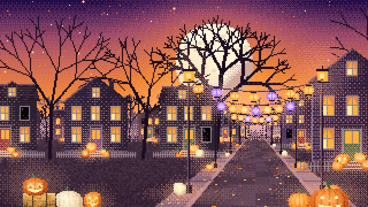 Orange Pixel Art Halloween Town Street at Night desktop wallpaper in 4K