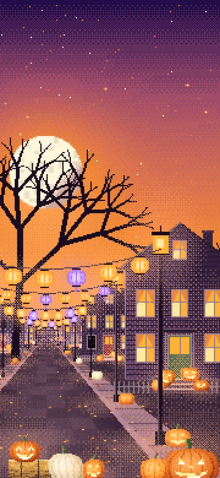 Orange Pixel Art Halloween Town Street at Night wallpaper for iPhone and Android