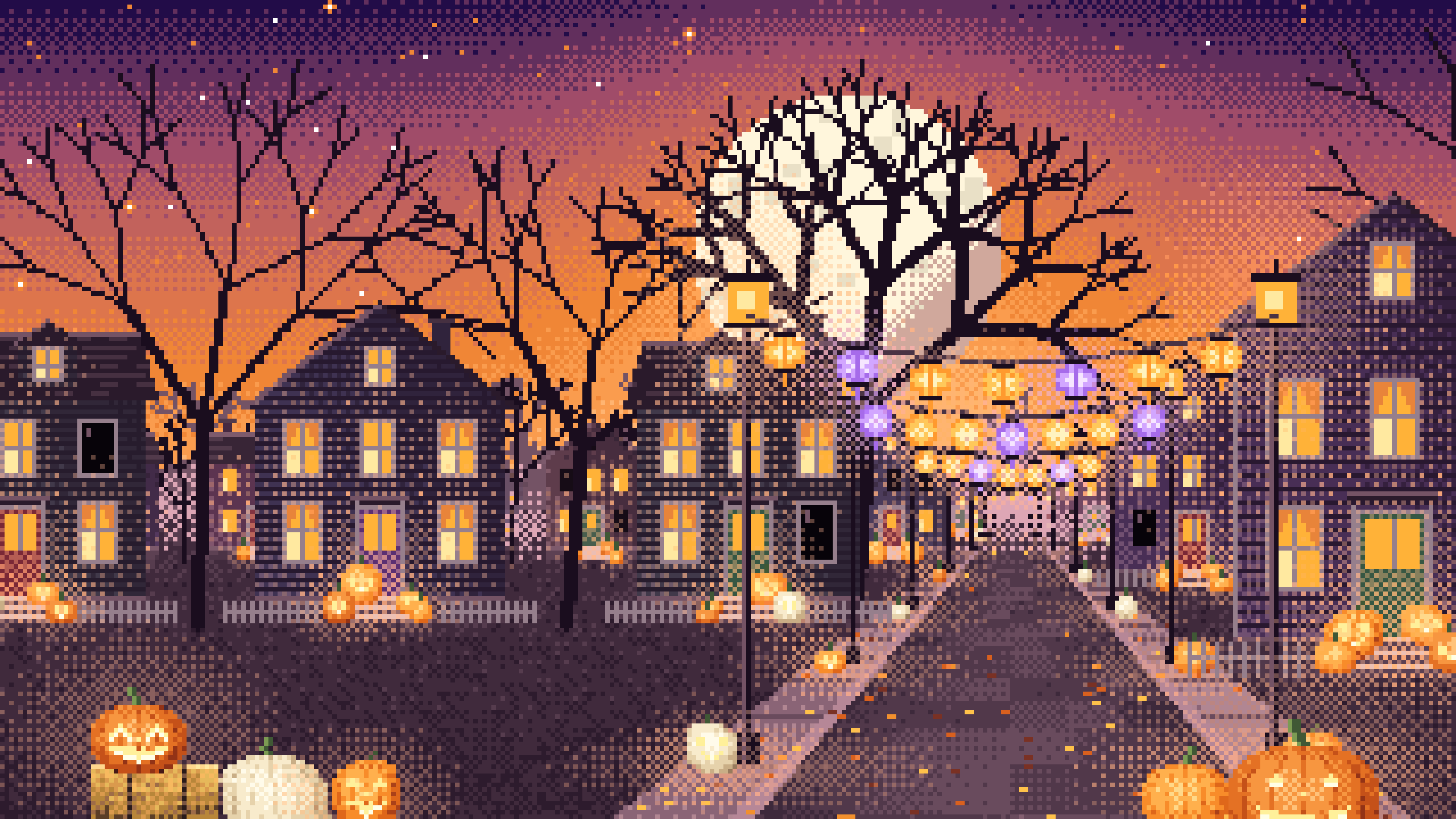 Orange Pixel Art Halloween Town Street at Night desktop wallpaper in 4K