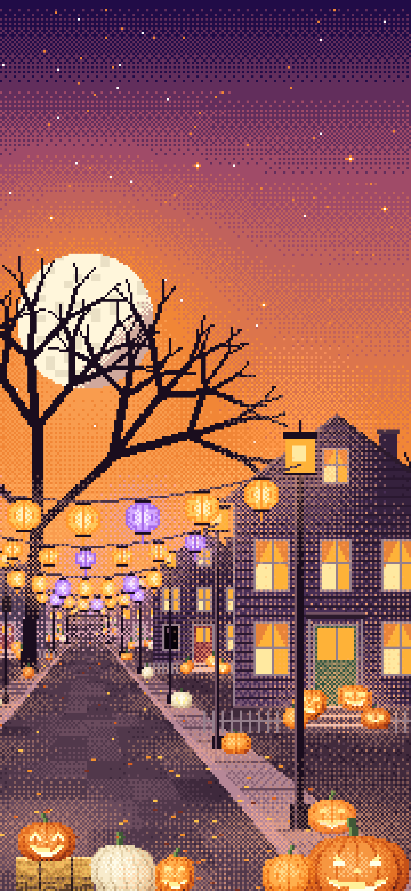 Orange Pixel Art Halloween Town Street at Night wallpaper for iPhone and Android