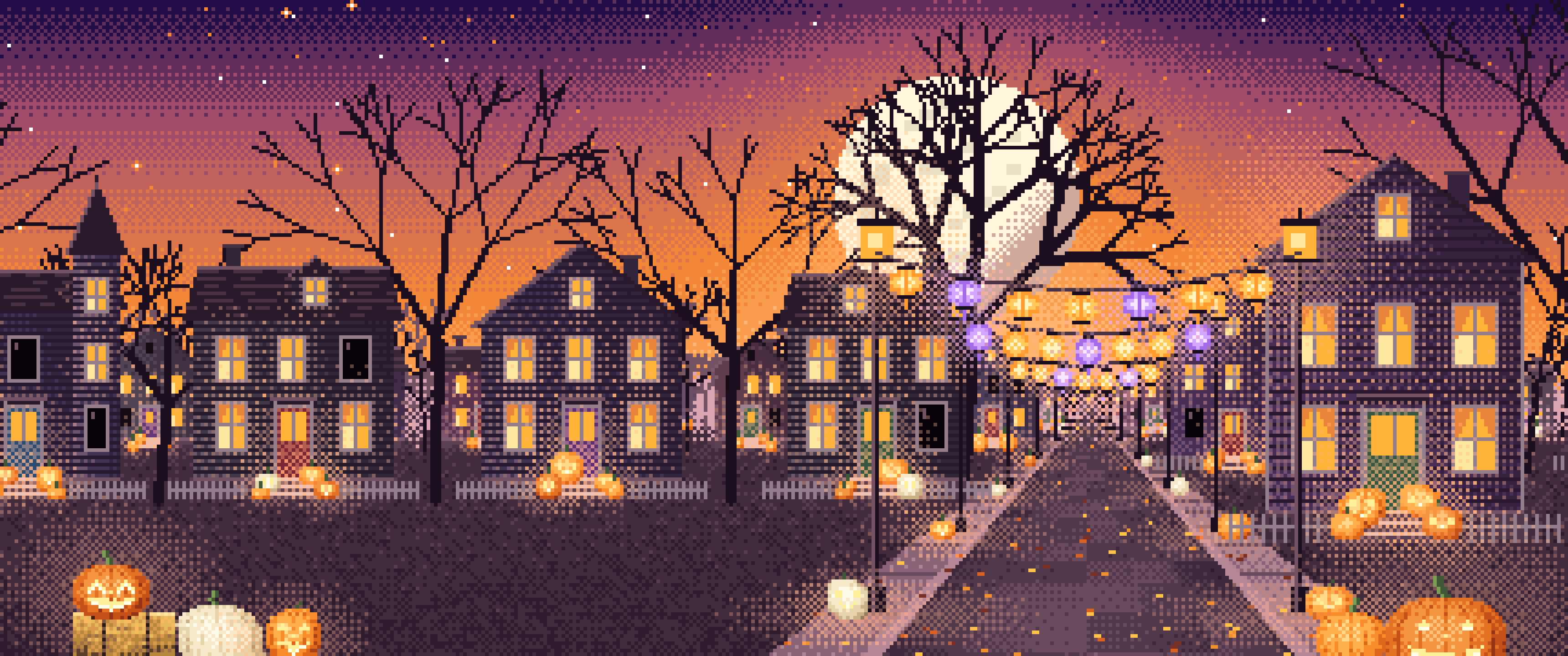Orange Pixel Art Halloween Town Street at Night ultrawide wallpaper, 3440 × 1440