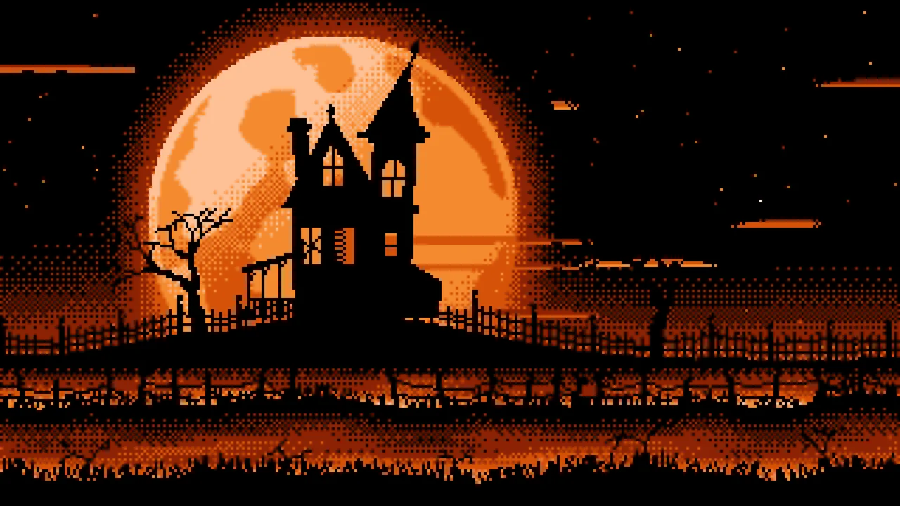 Orange Pixel Art Haunted House and Full Moon desktop wallpaper in 4K
