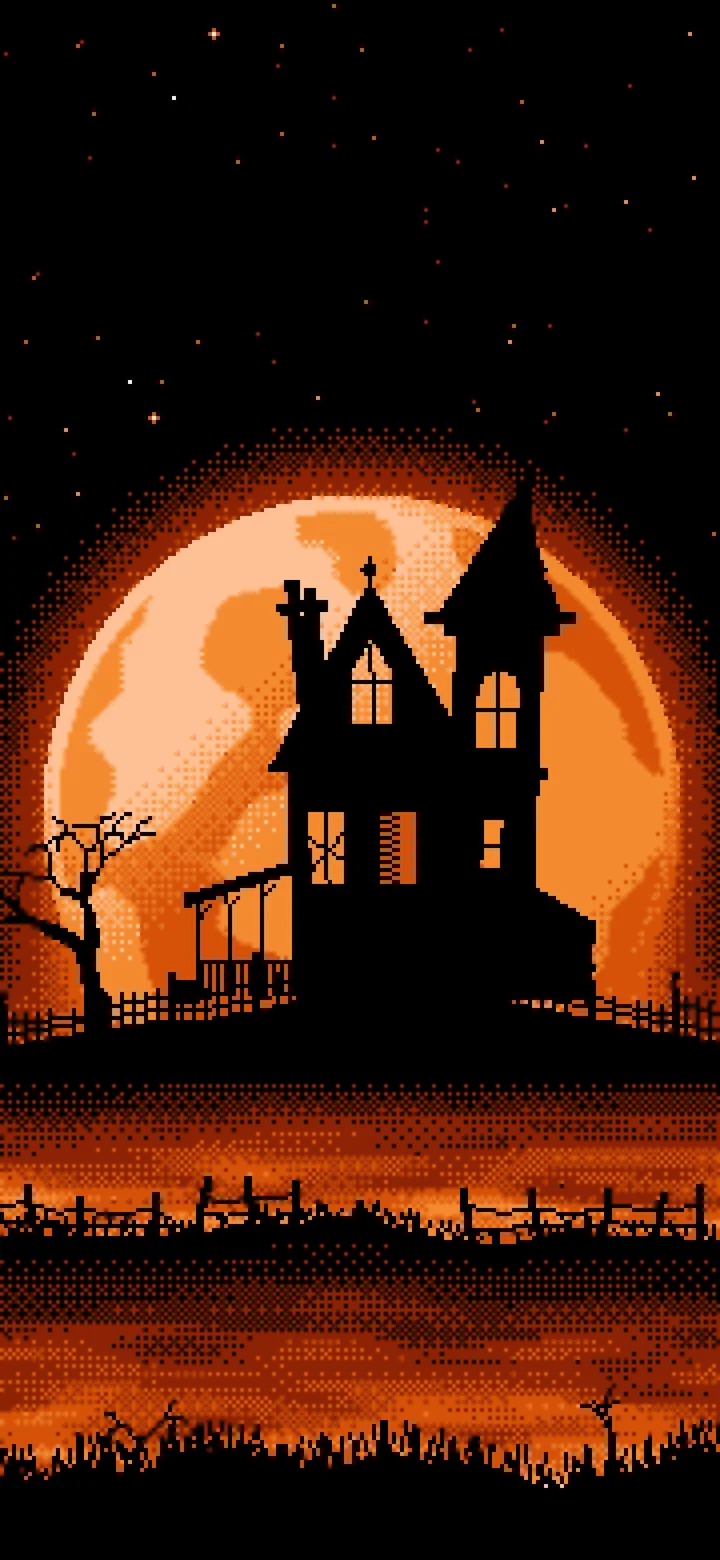 Orange Pixel Art Haunted House and Full Moon wallpaper for iPhone and Android