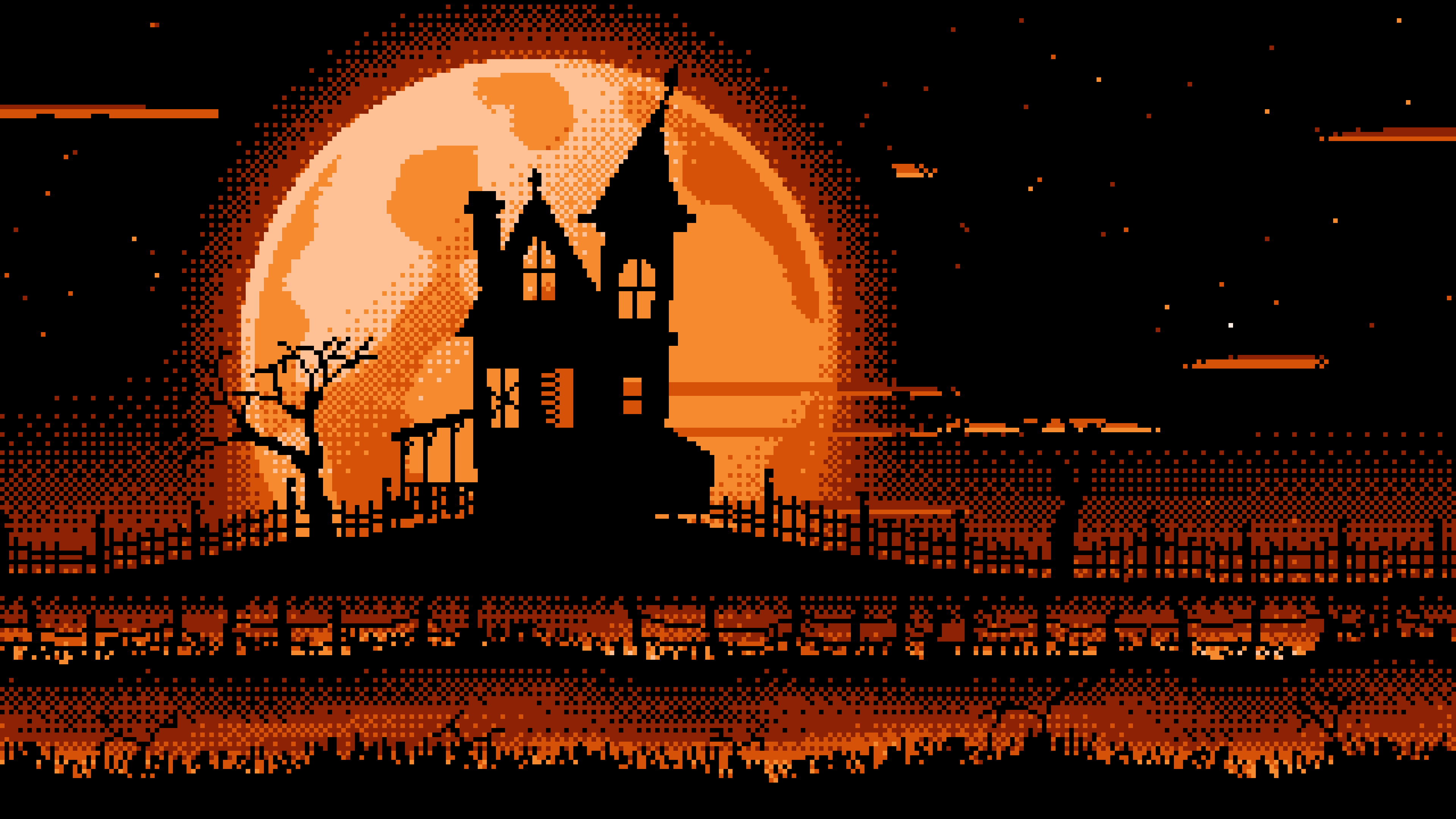 Orange Pixel Art Haunted House and Full Moon desktop wallpaper in 4K