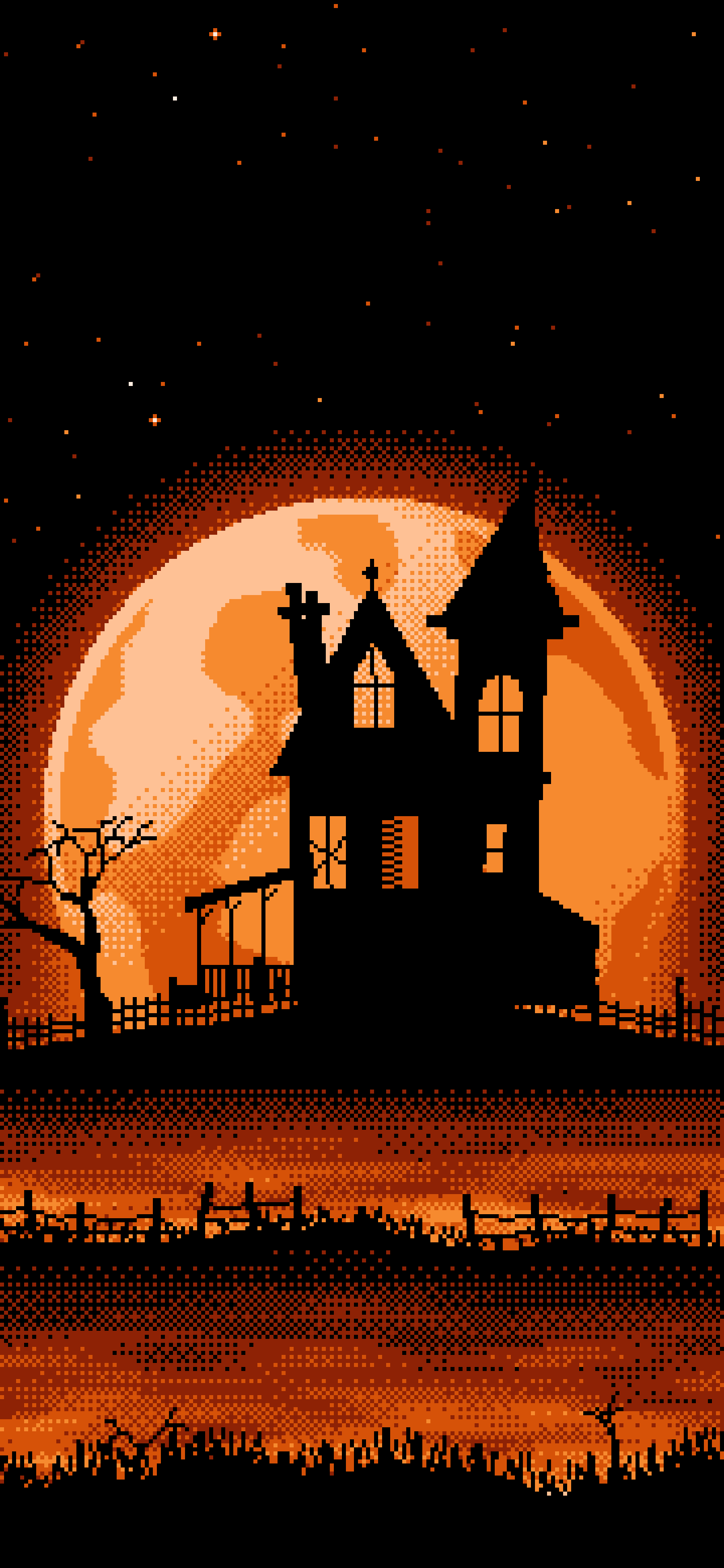 Orange Pixel Art Haunted House and Full Moon wallpaper for iPhone and Android