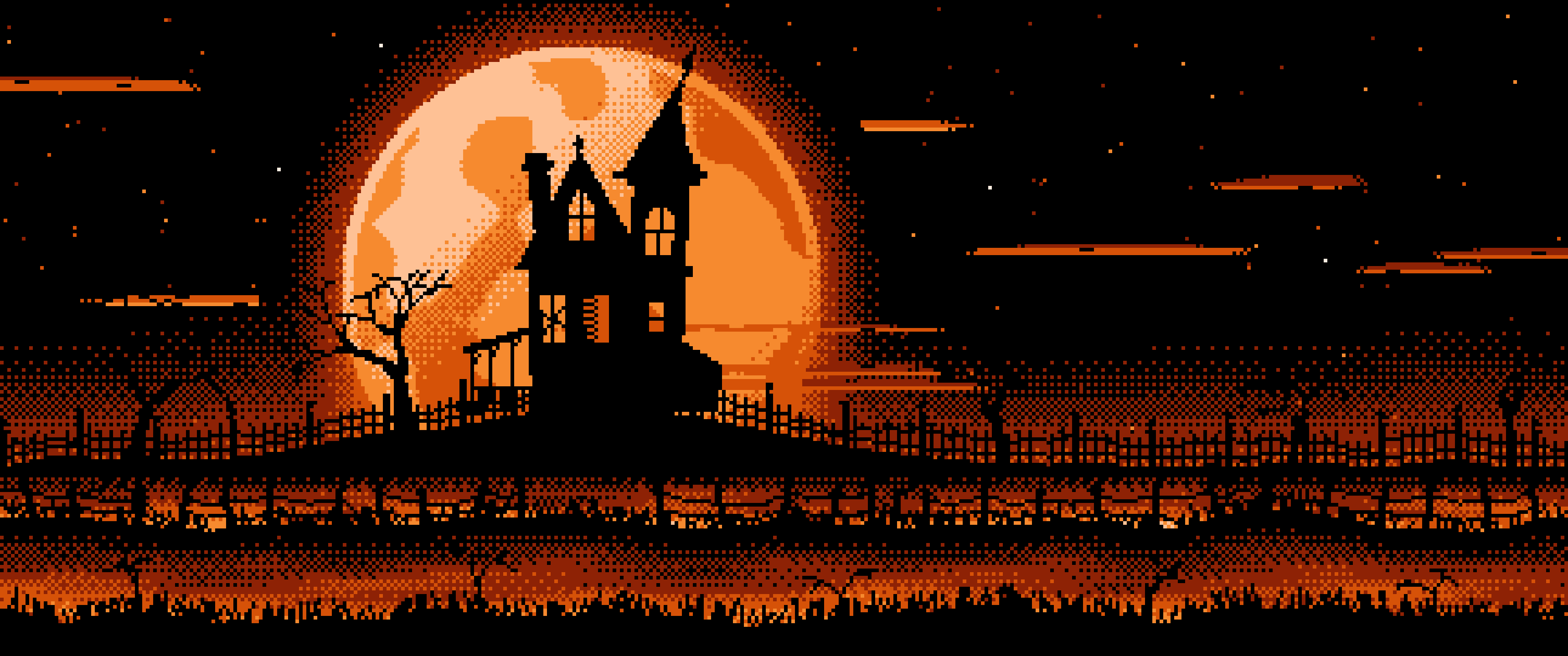 Orange Pixel Art Haunted House and Full Moon ultrawide wallpaper, 3440 × 1440