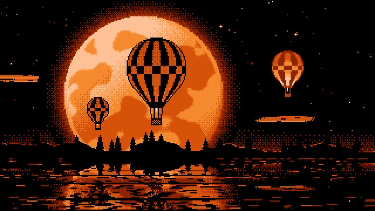 Orange Pixel Art Hot Air Balloons and Full Moon desktop wallpaper in 4K