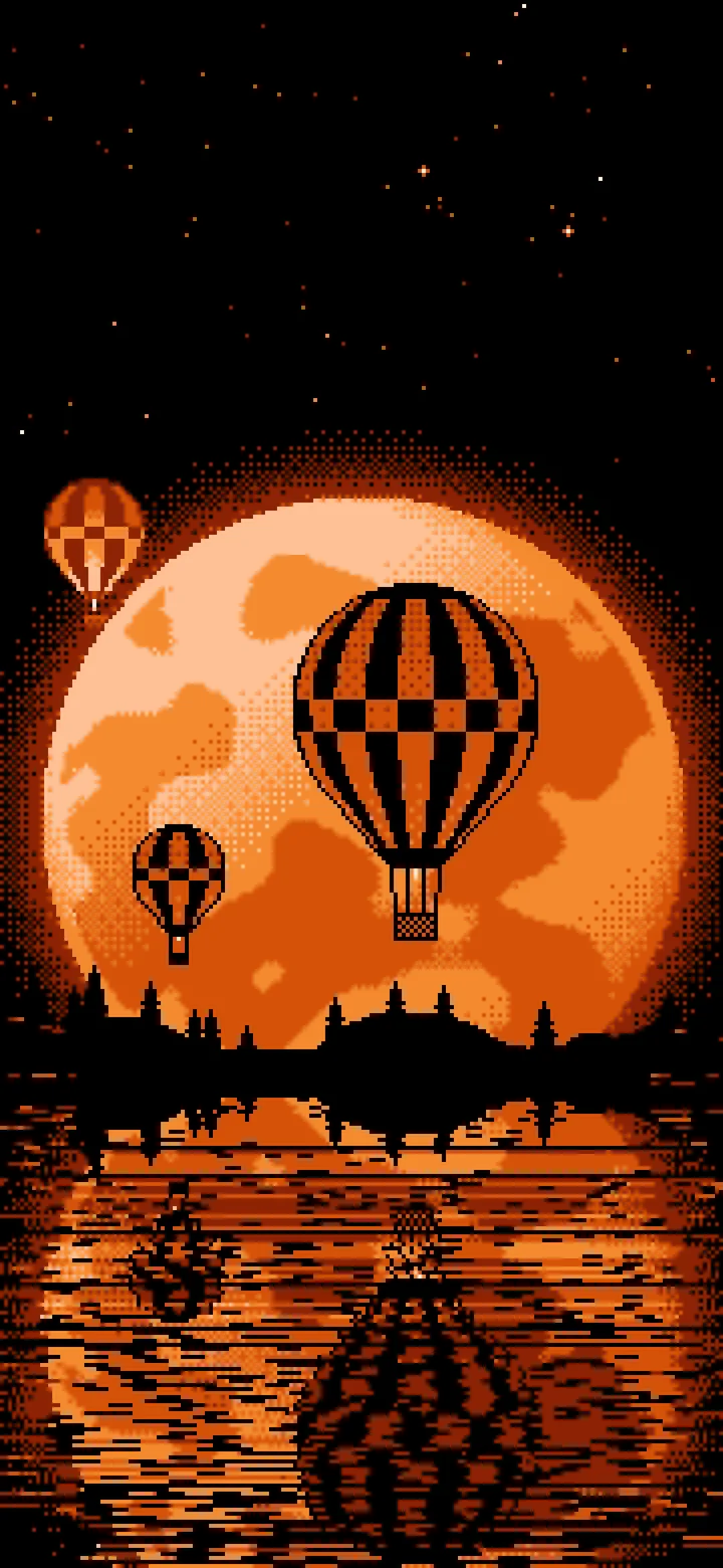 Orange Pixel Art Hot Air Balloons and Full Moon wallpaper for iPhone and Android