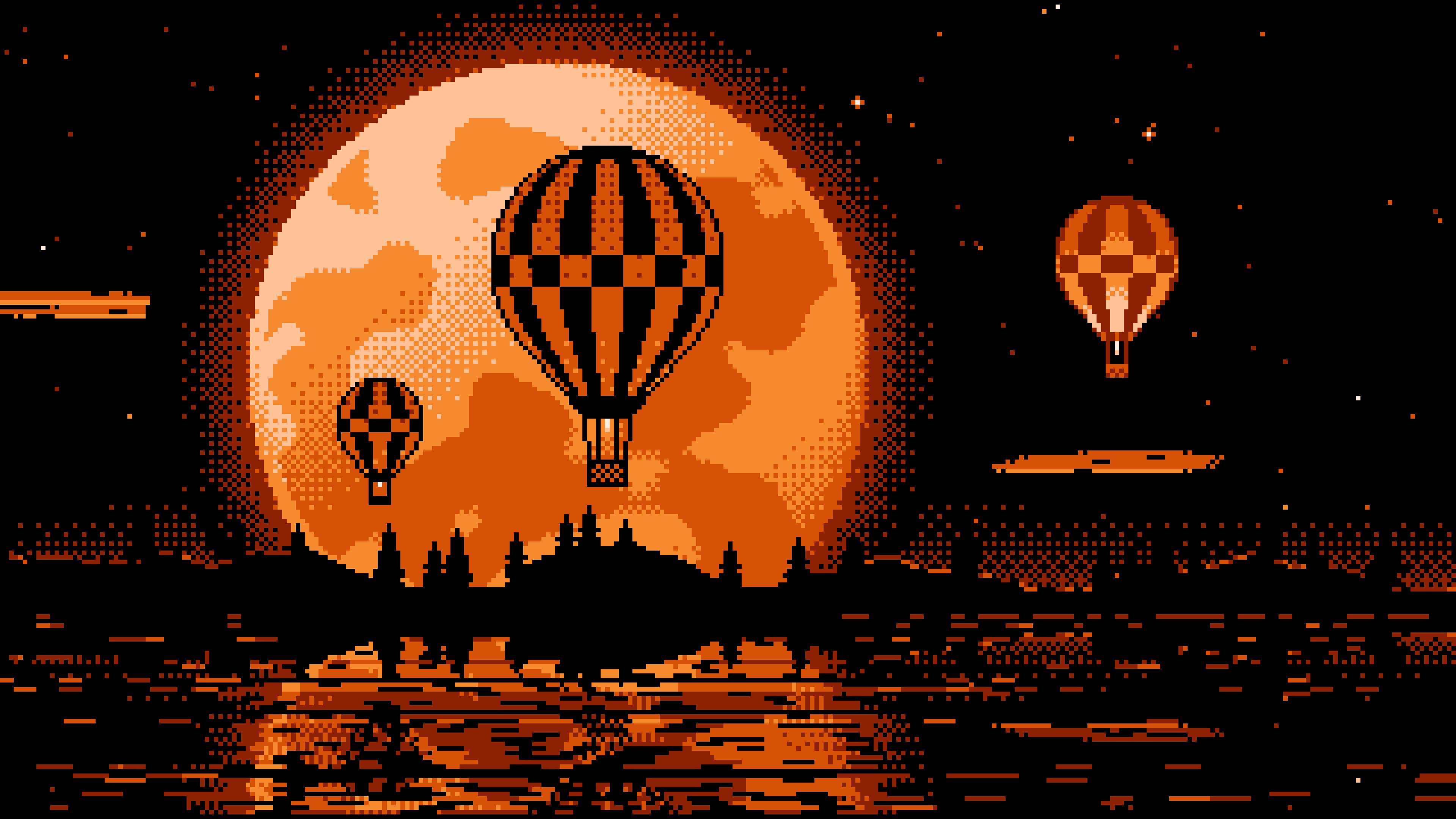 Orange Pixel Art Hot Air Balloons and Full Moon desktop wallpaper in 4K