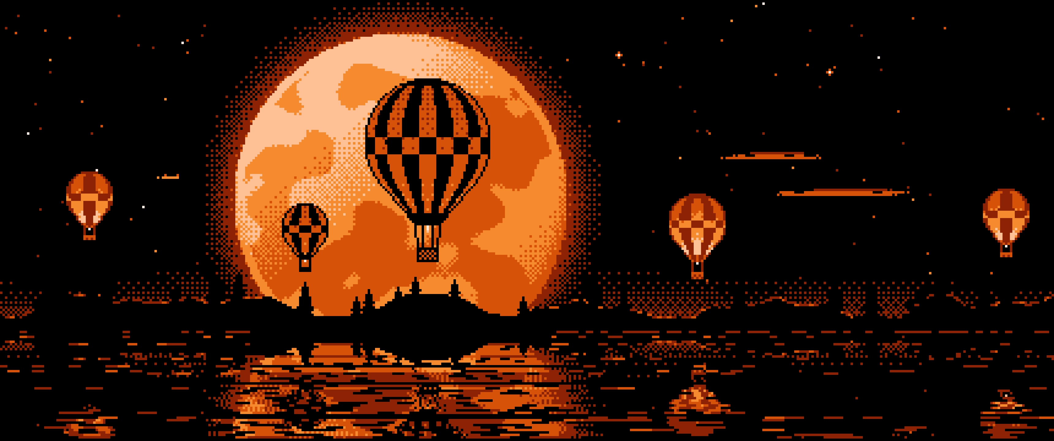 Orange Pixel Art Hot Air Balloons and Full Moon ultrawide wallpaper, 3440 × 1440