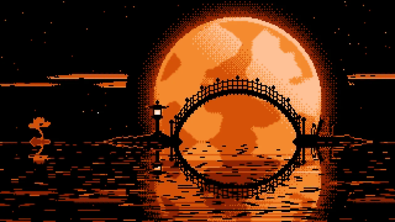 Orange Pixel Art Japanese Bridge and Full Moon desktop wallpaper in 4K