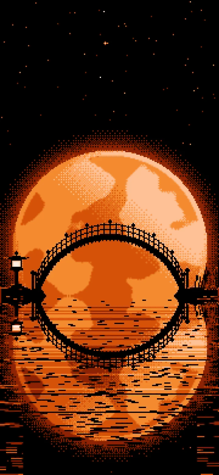 Orange Pixel Art Japanese Bridge and Full Moon wallpaper for iPhone and Android