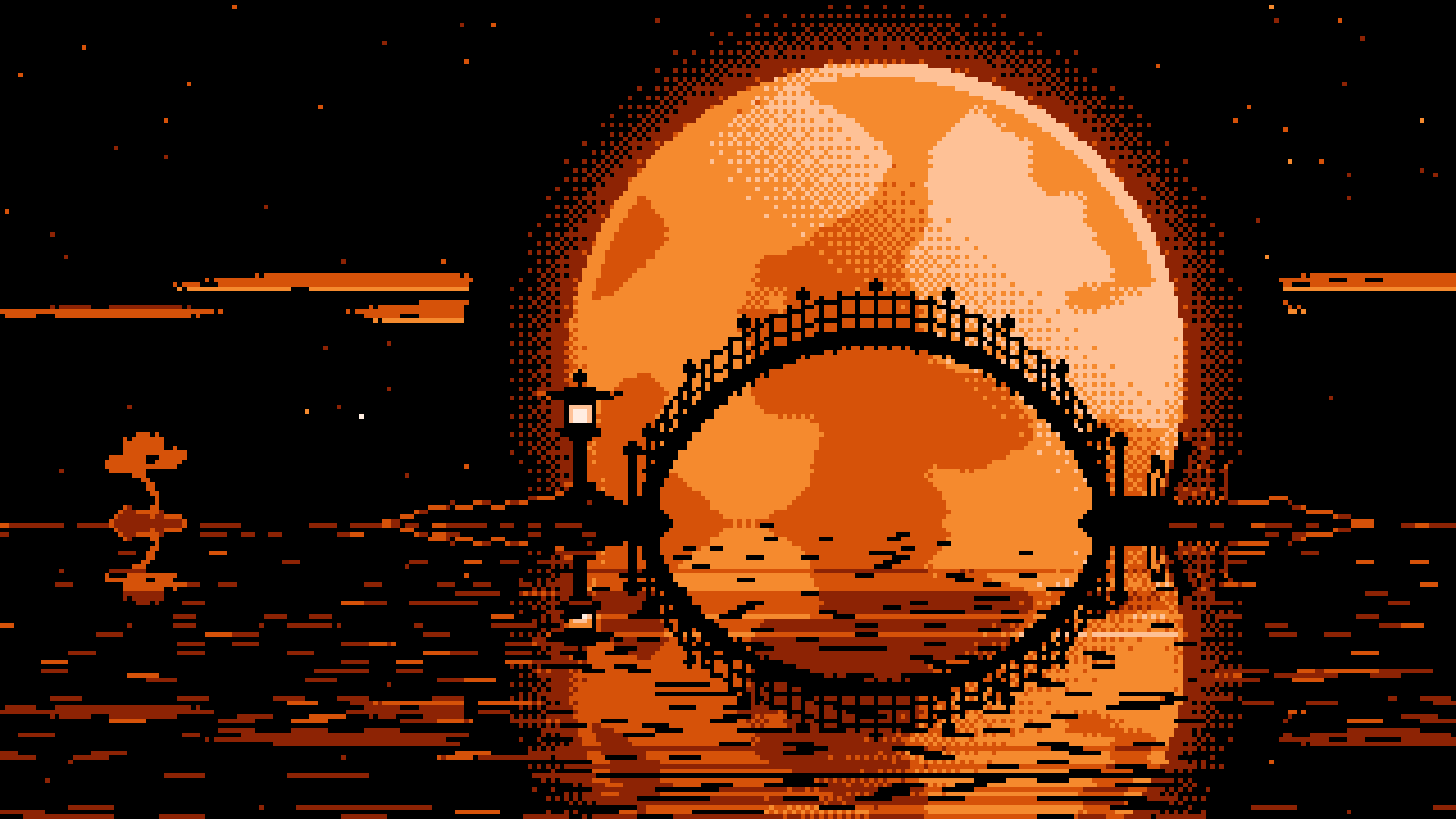 Orange Pixel Art Japanese Bridge and Full Moon desktop wallpaper in 4K