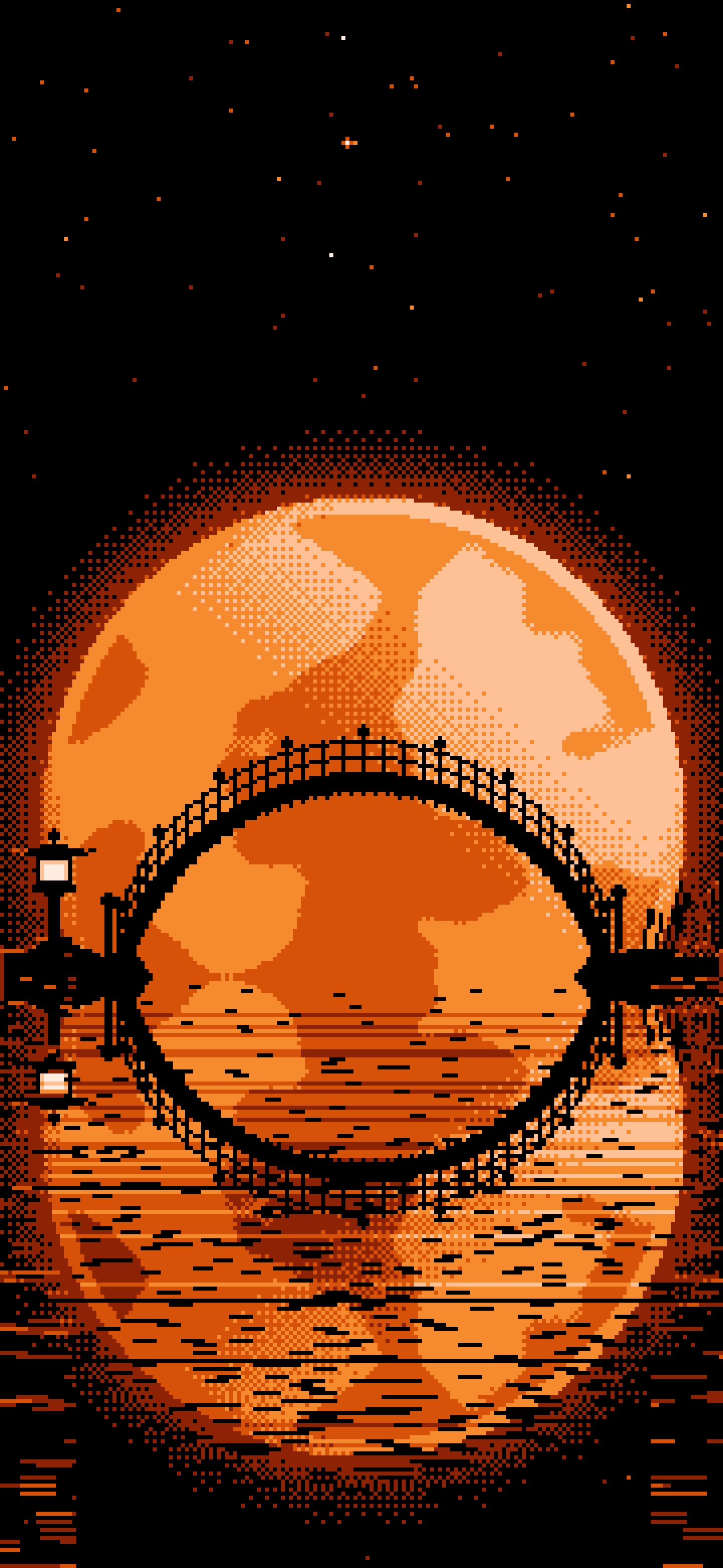 Orange Pixel Art Japanese Bridge and Full Moon wallpaper for iPhone and Android