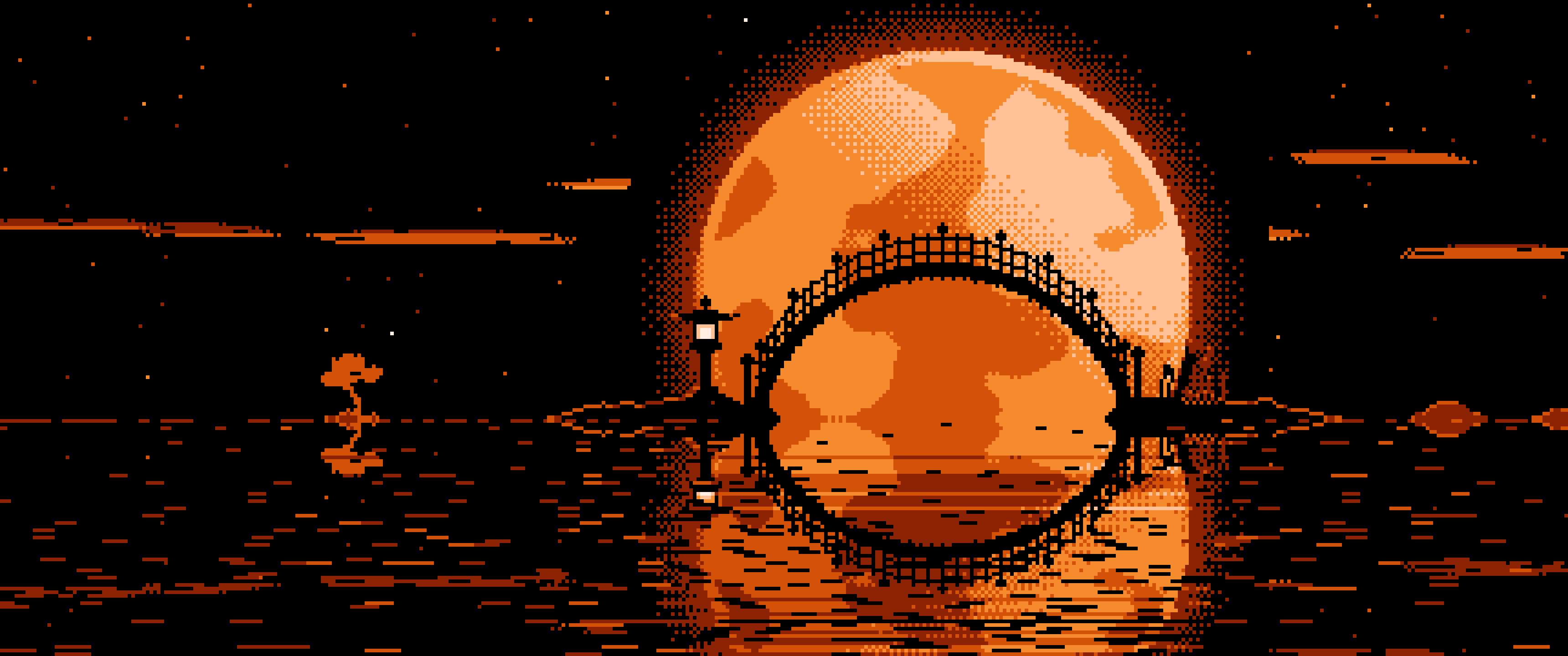 Orange Pixel Art Japanese Bridge and Full Moon ultrawide wallpaper, 3440 × 1440