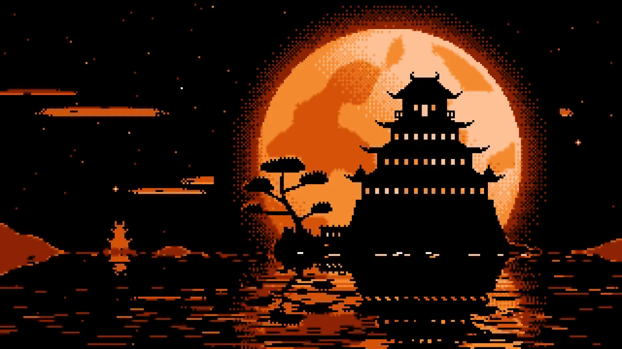 Orange Pixel Art Japanese Castle and Full Moon desktop wallpaper in 4K