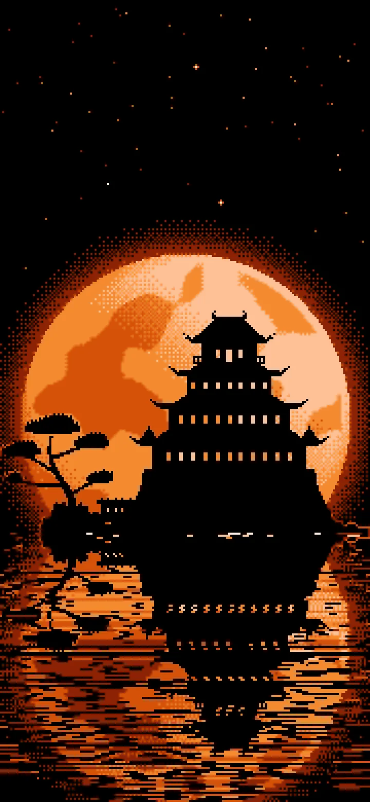 Orange Pixel Art Japanese Castle and Full Moon wallpaper for iPhone and Android
