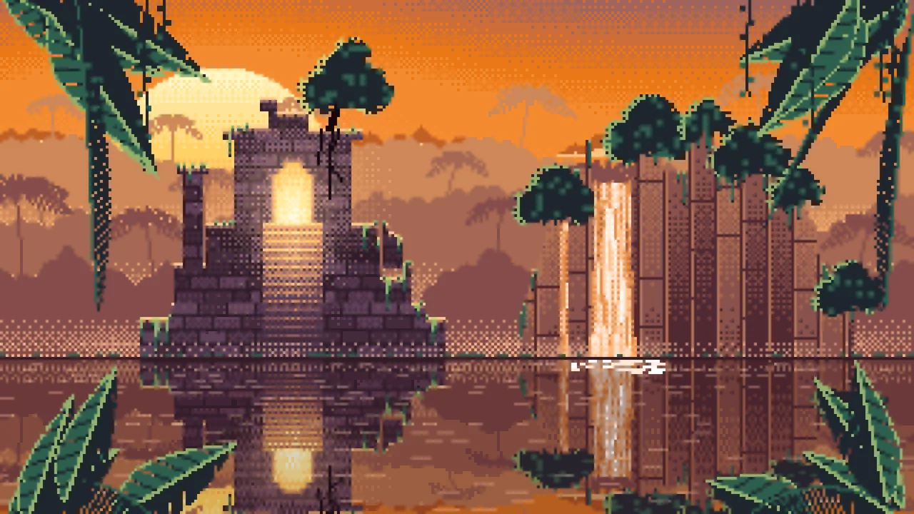 Orange Pixel Art Jungle Temple Ruins desktop wallpaper in 4K
