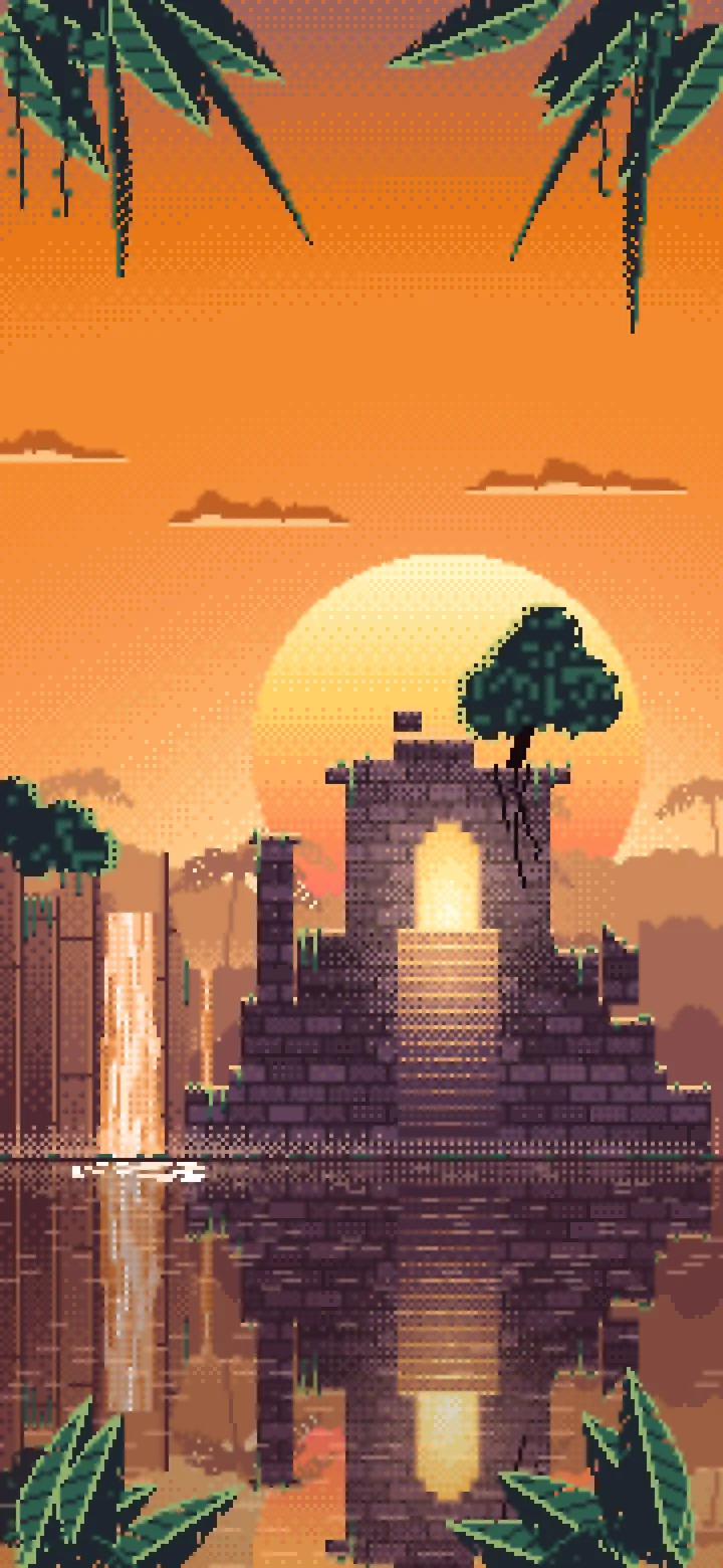 Orange Pixel Art Jungle Temple Ruins wallpaper for iPhone and Android