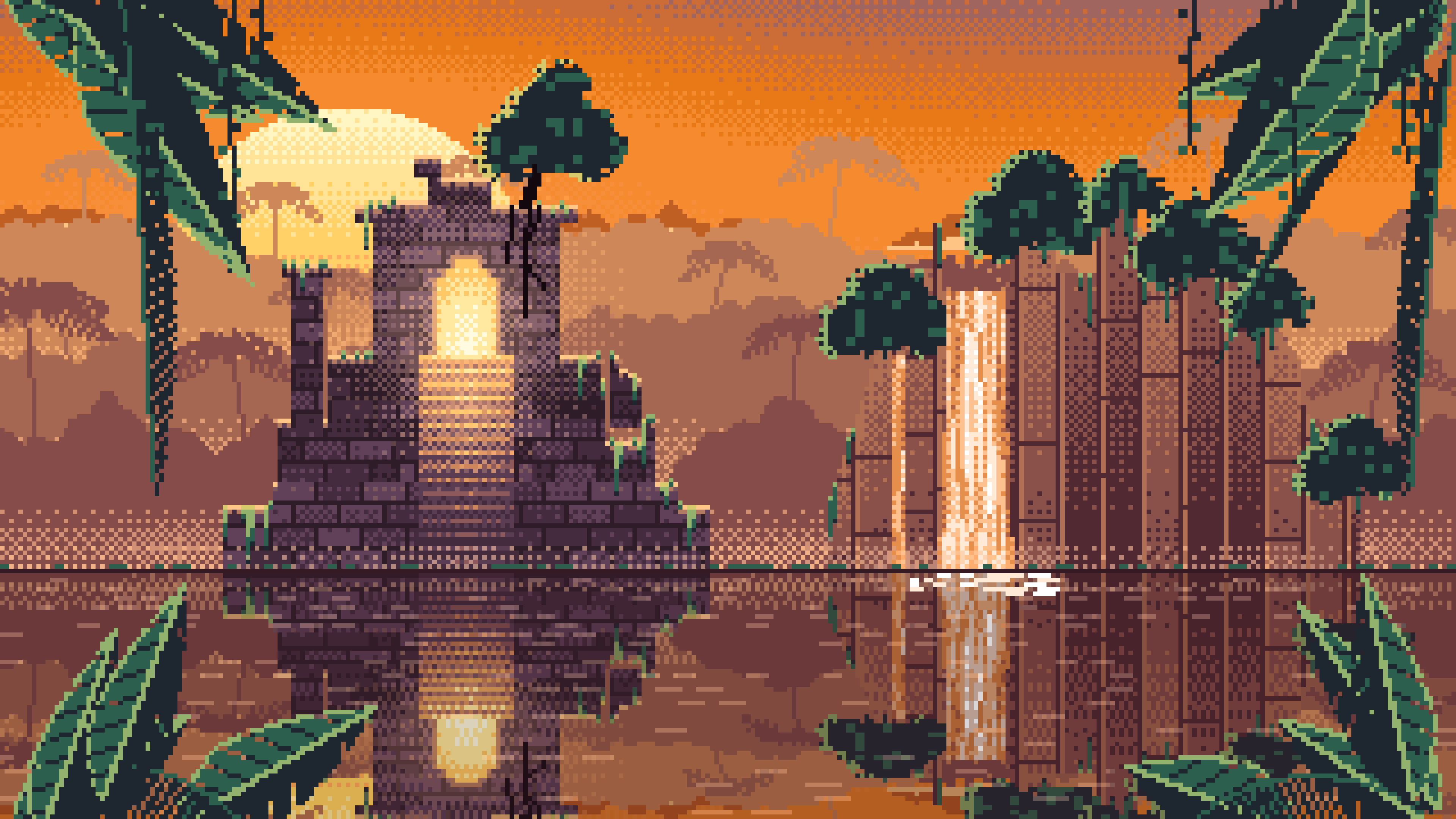 Orange Pixel Art Jungle Temple Ruins desktop wallpaper in 4K