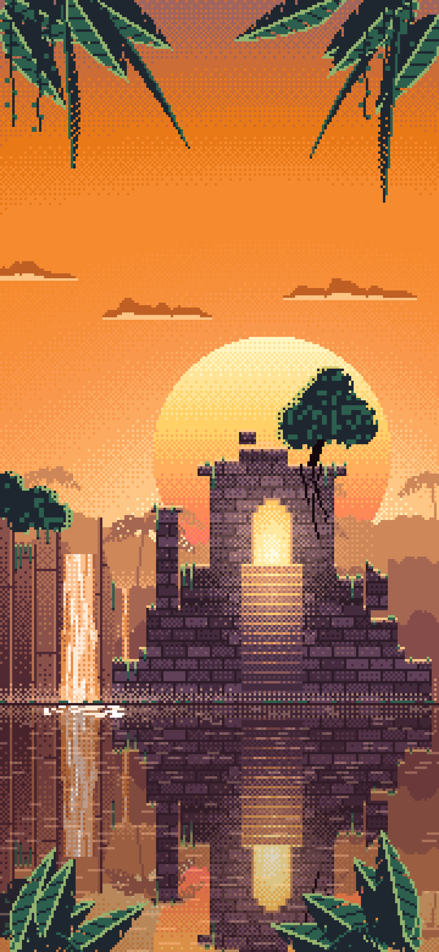 Orange Pixel Art Jungle Temple Ruins wallpaper for iPhone and Android