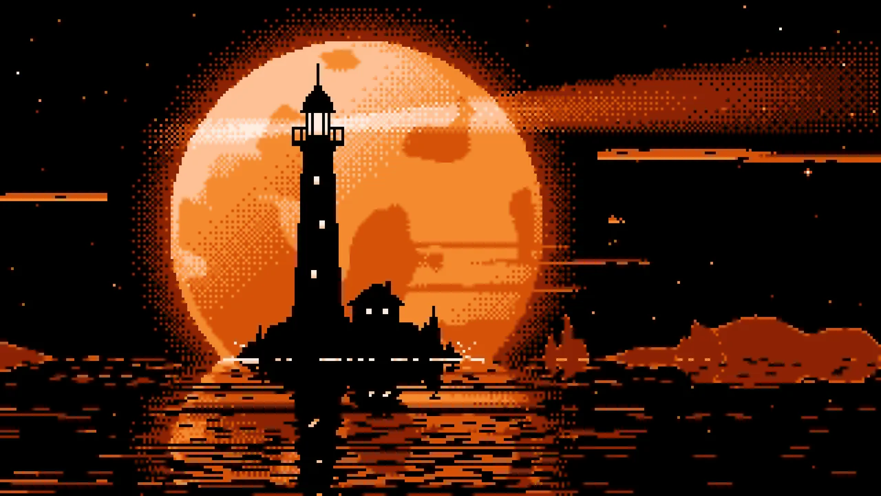 Orange Pixel Art Lighthouse and Full Moon desktop wallpaper in 4K