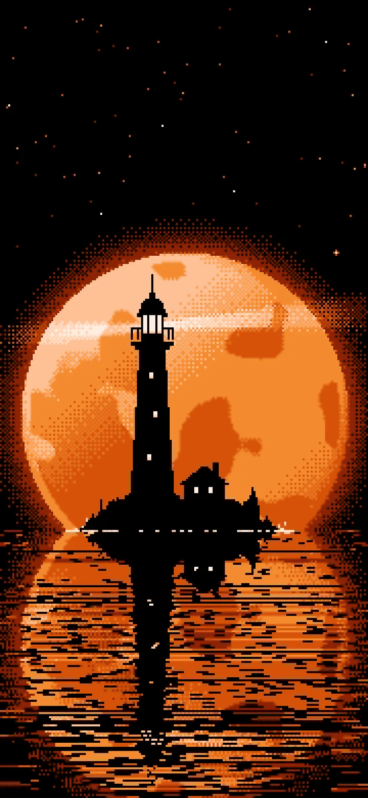 Orange Pixel Art Lighthouse and Full Moon wallpaper for iPhone and Android