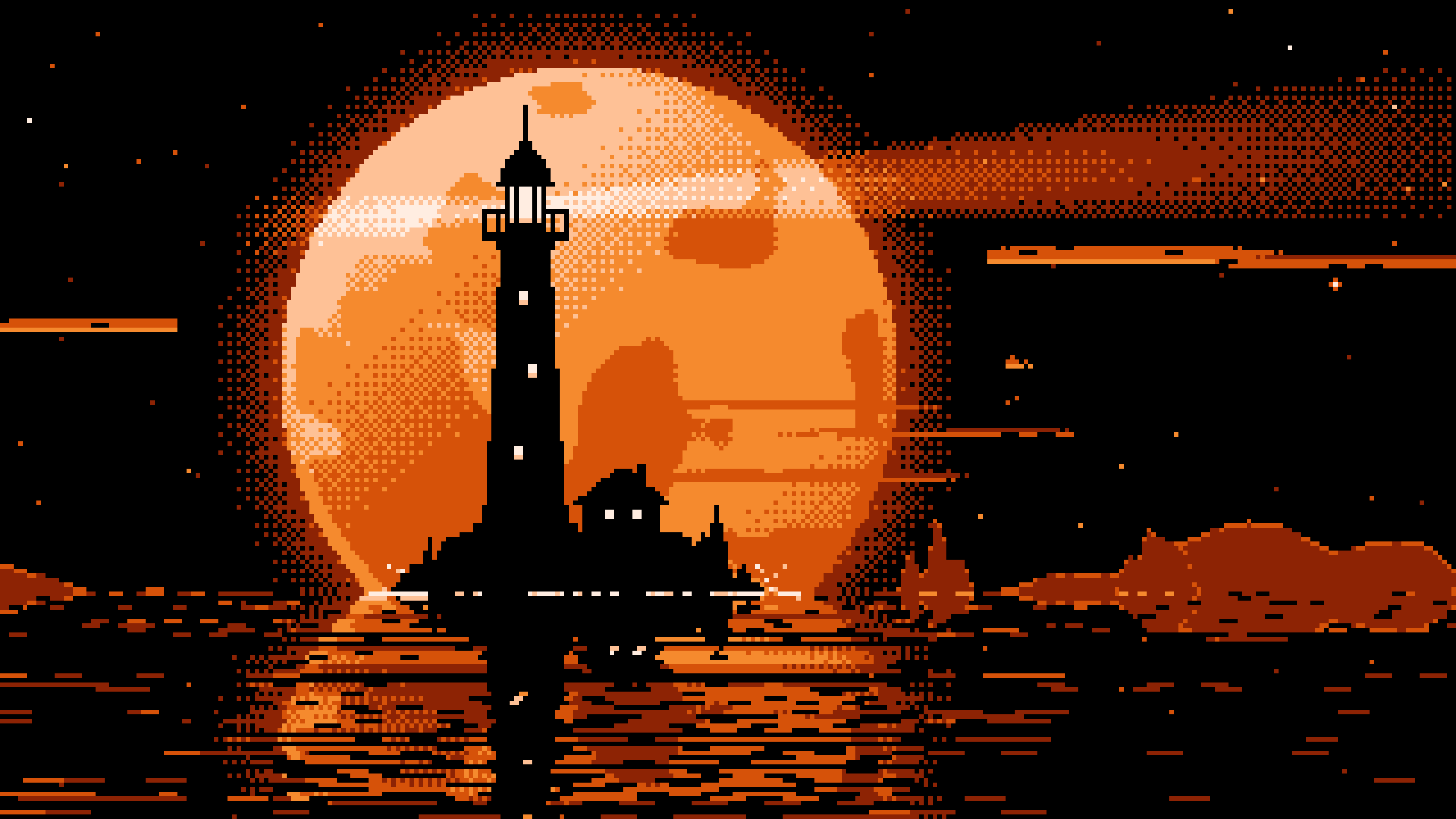 Orange Pixel Art Lighthouse and Full Moon desktop wallpaper in 4K