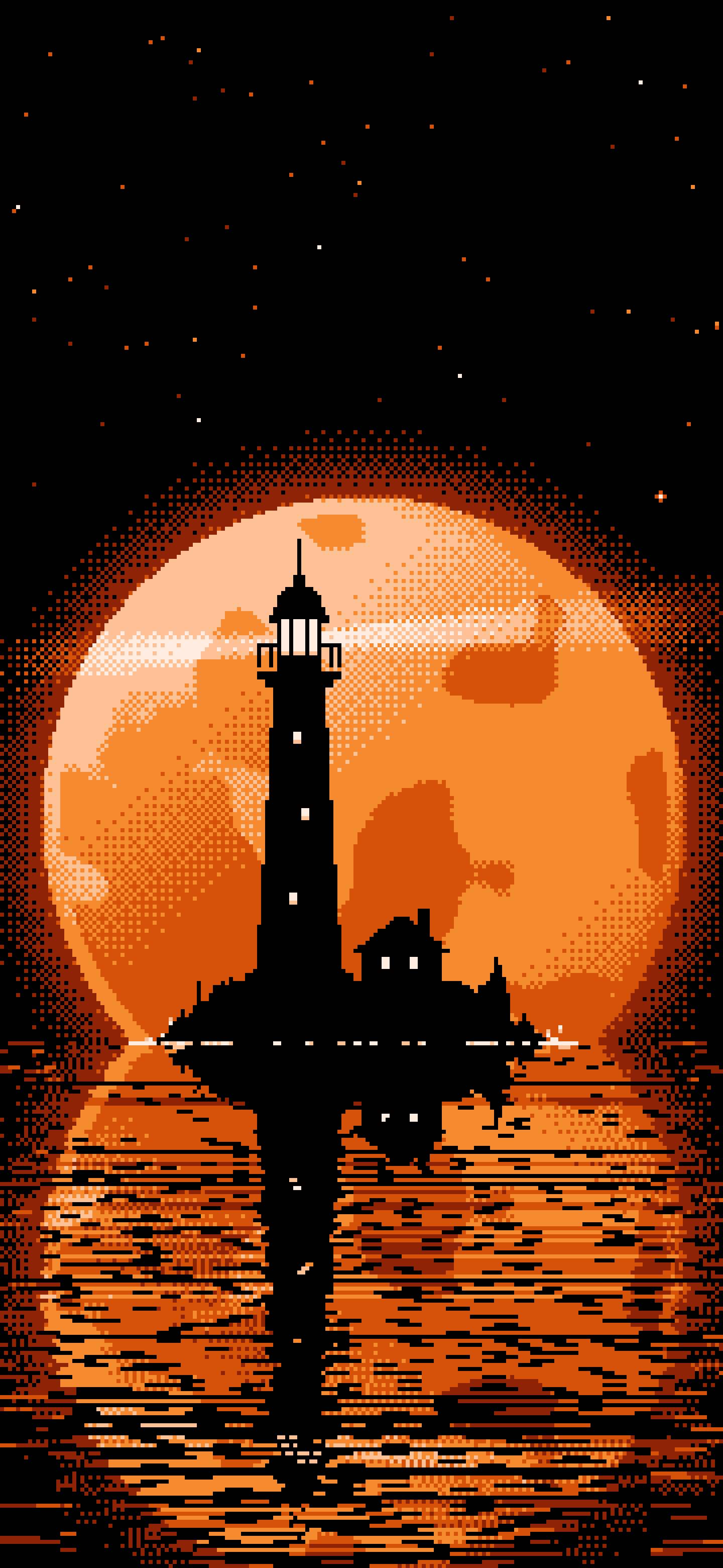 Orange Pixel Art Lighthouse and Full Moon wallpaper for iPhone and Android