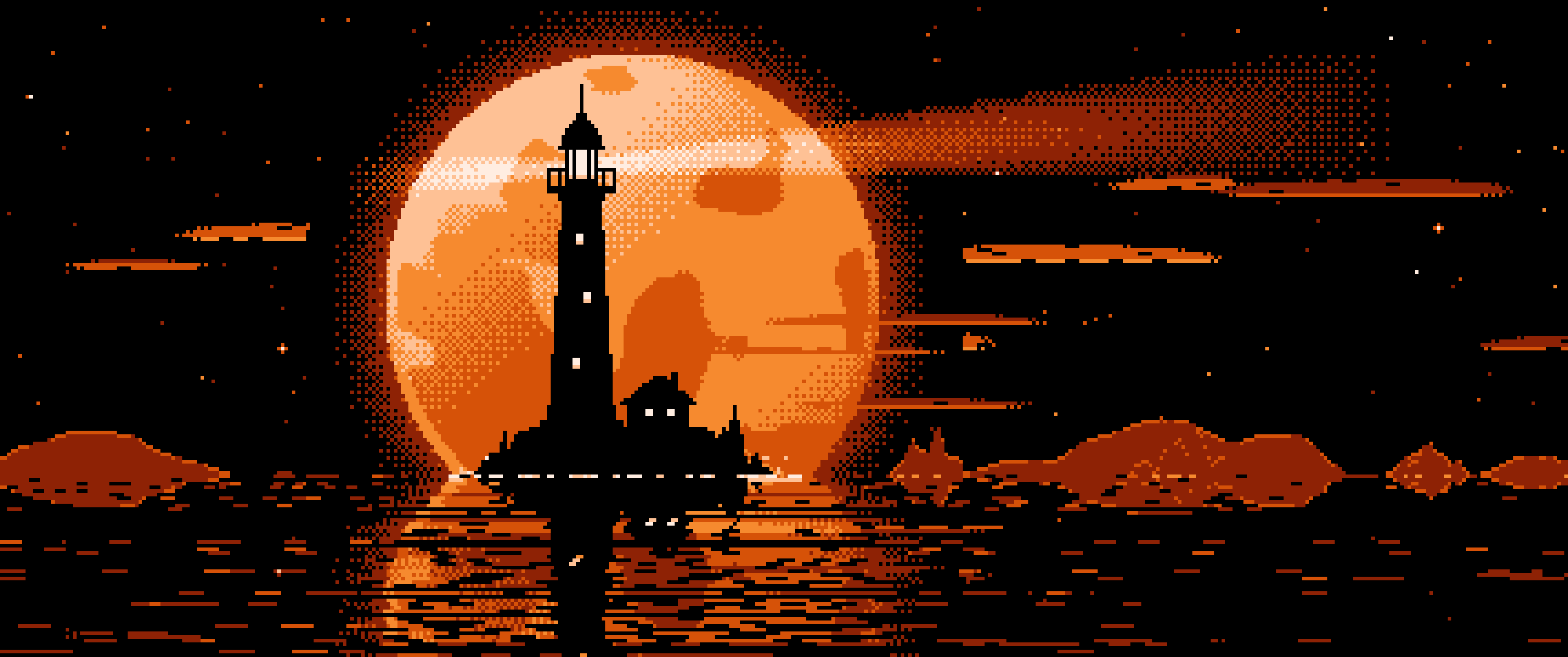 Orange Pixel Art Lighthouse and Full Moon ultrawide wallpaper, 3440 × 1440