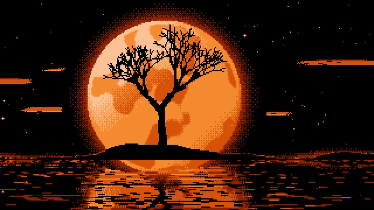 Orange Pixel Art Lone Tree and Full Moon desktop wallpaper in 4K