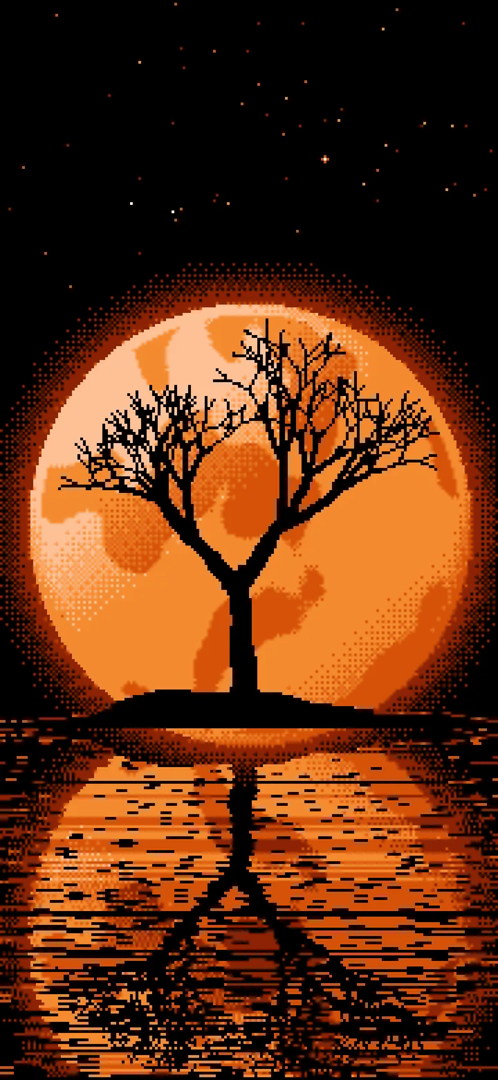 Orange Pixel Art Lone Tree and Full Moon wallpaper for iPhone and Android