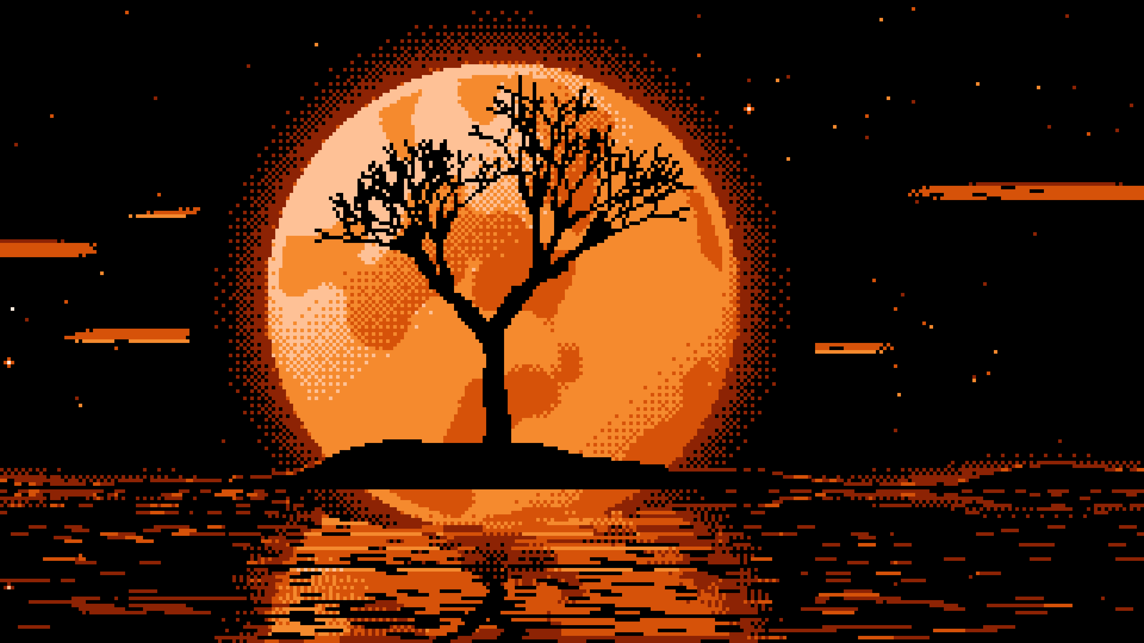 Orange Pixel Art Lone Tree and Full Moon desktop wallpaper in 4K