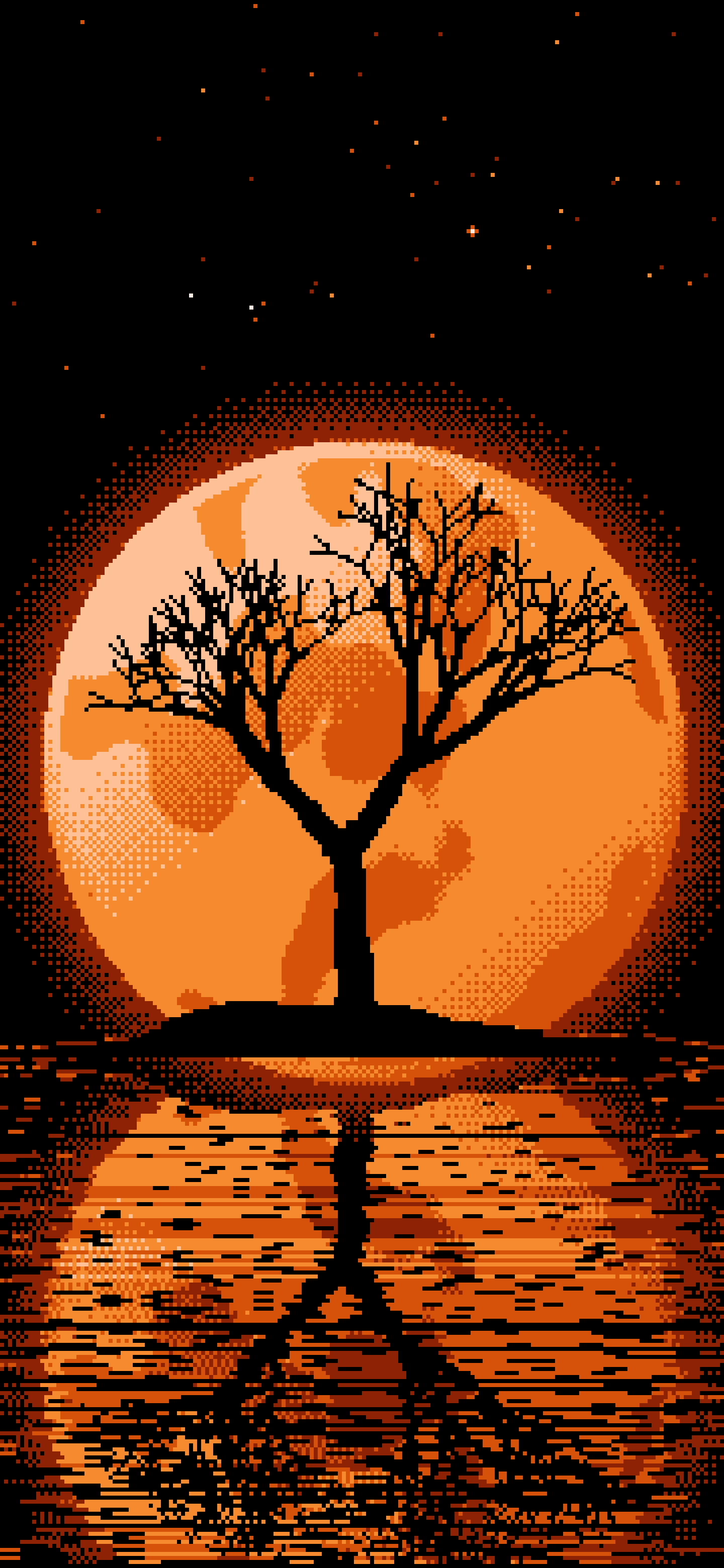 Orange Pixel Art Lone Tree and Full Moon wallpaper for iPhone and Android