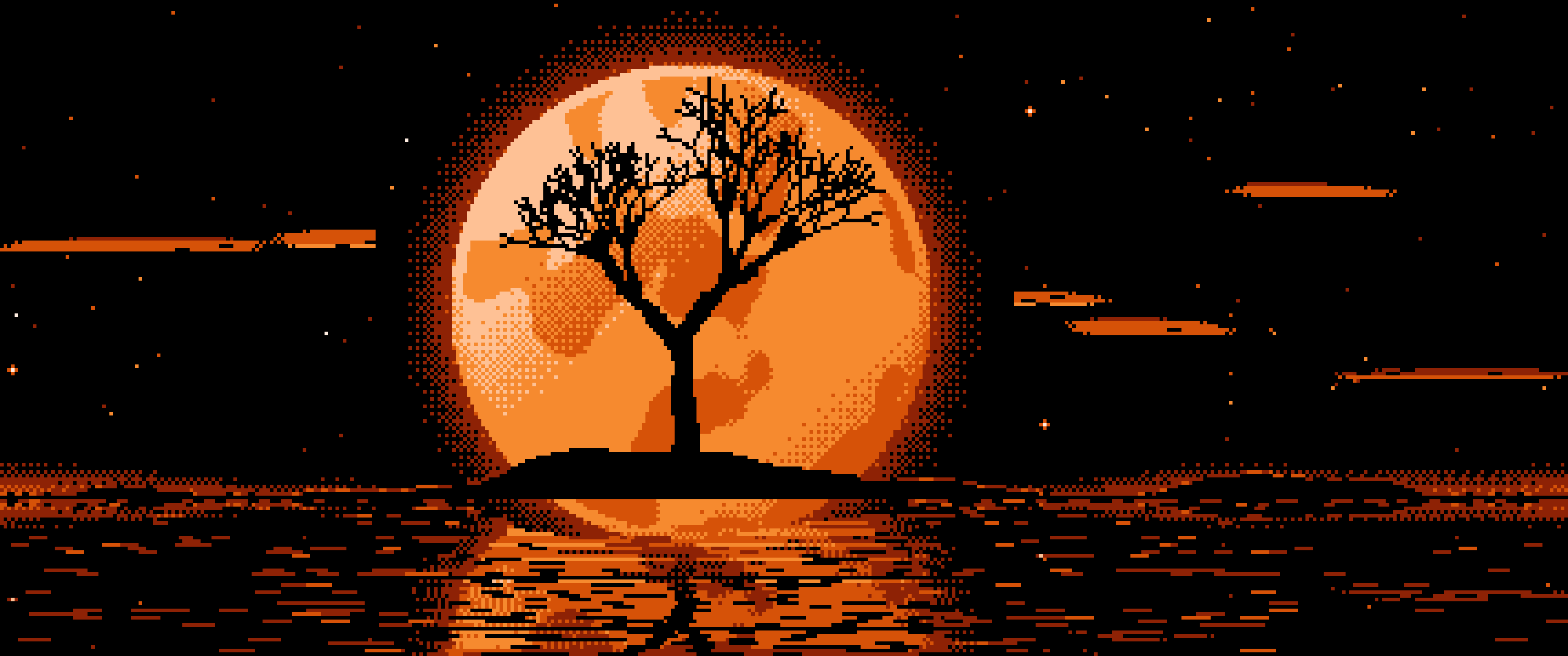 Orange Pixel Art Lone Tree and Full Moon ultrawide wallpaper, 3440 × 1440