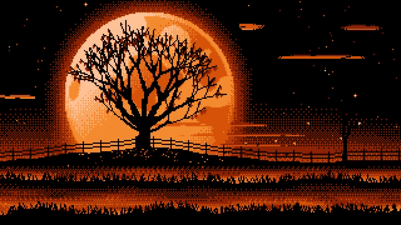Orange Pixel Art Maple Tree and Harvest Moon desktop wallpaper in 4K