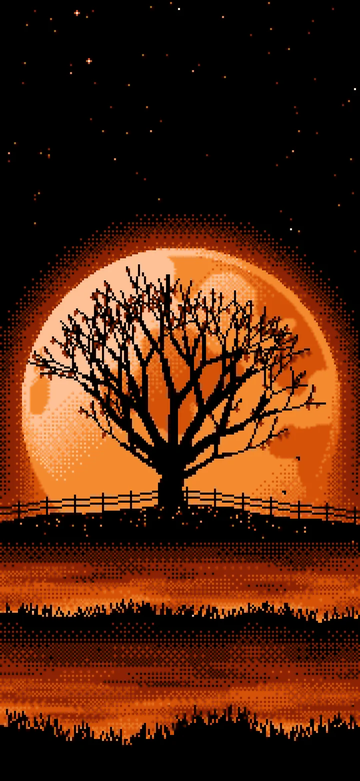 Orange Pixel Art Maple Tree and Harvest Moon wallpaper for iPhone and Android