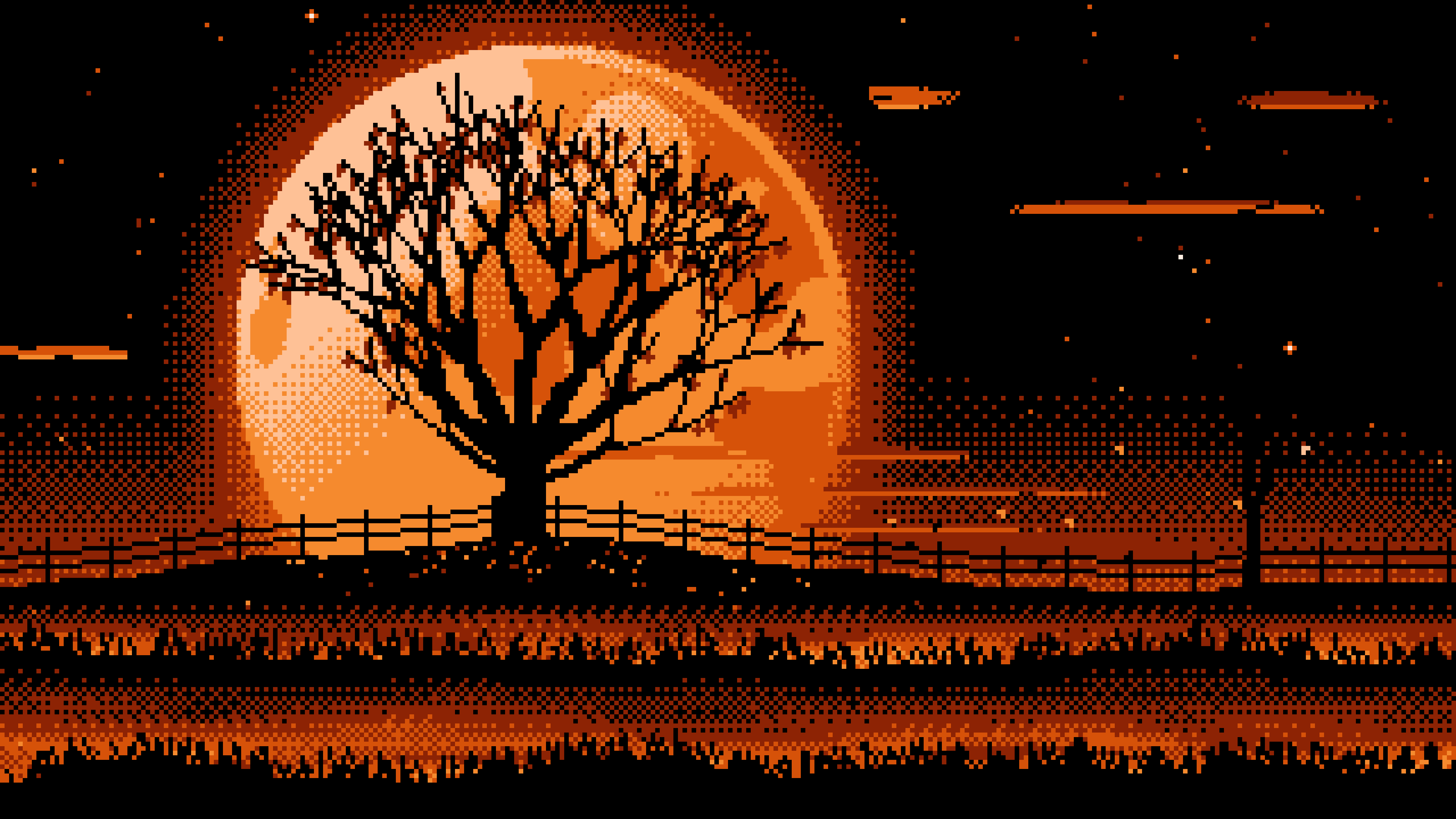 Orange Pixel Art Maple Tree and Harvest Moon desktop wallpaper in 4K