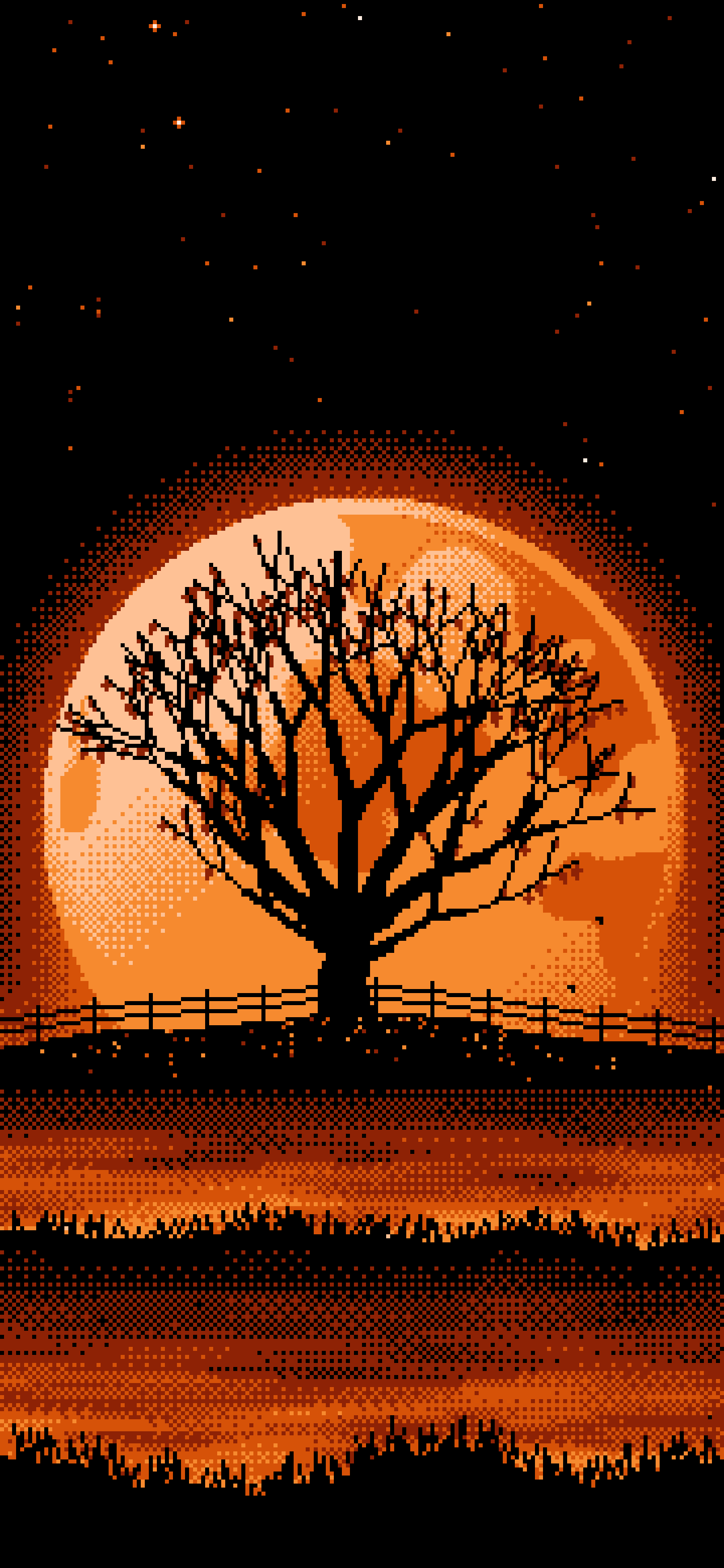 Orange Pixel Art Maple Tree and Harvest Moon wallpaper for iPhone and Android