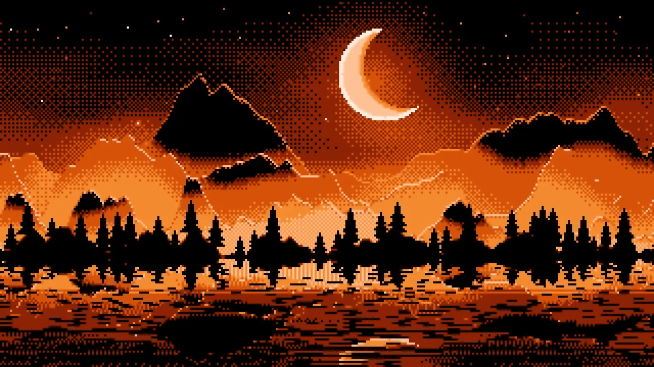 Orange Pixel Art Moonlit Mountains desktop wallpaper in 4K