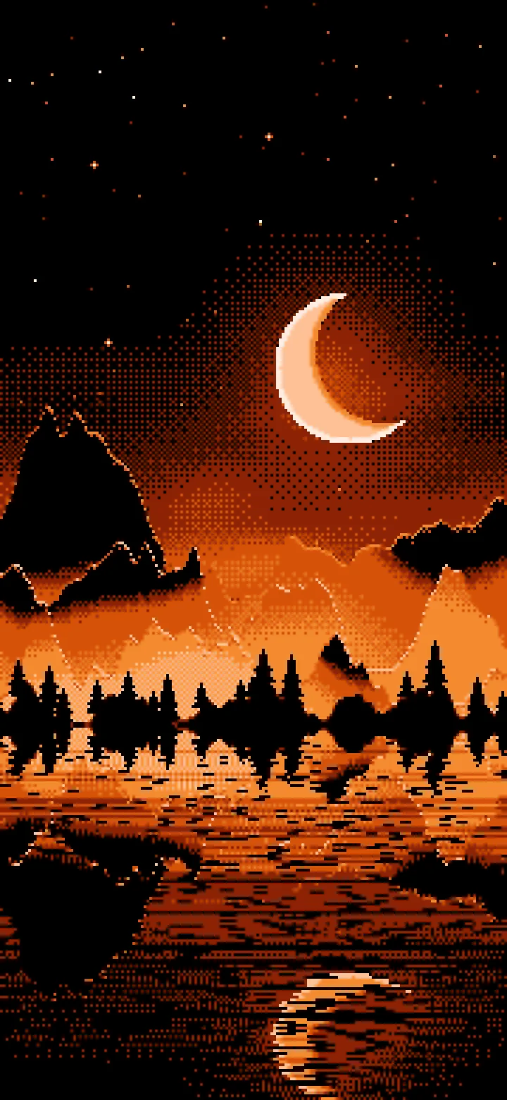 Orange Pixel Art Moonlit Mountains wallpaper for iPhone and Android