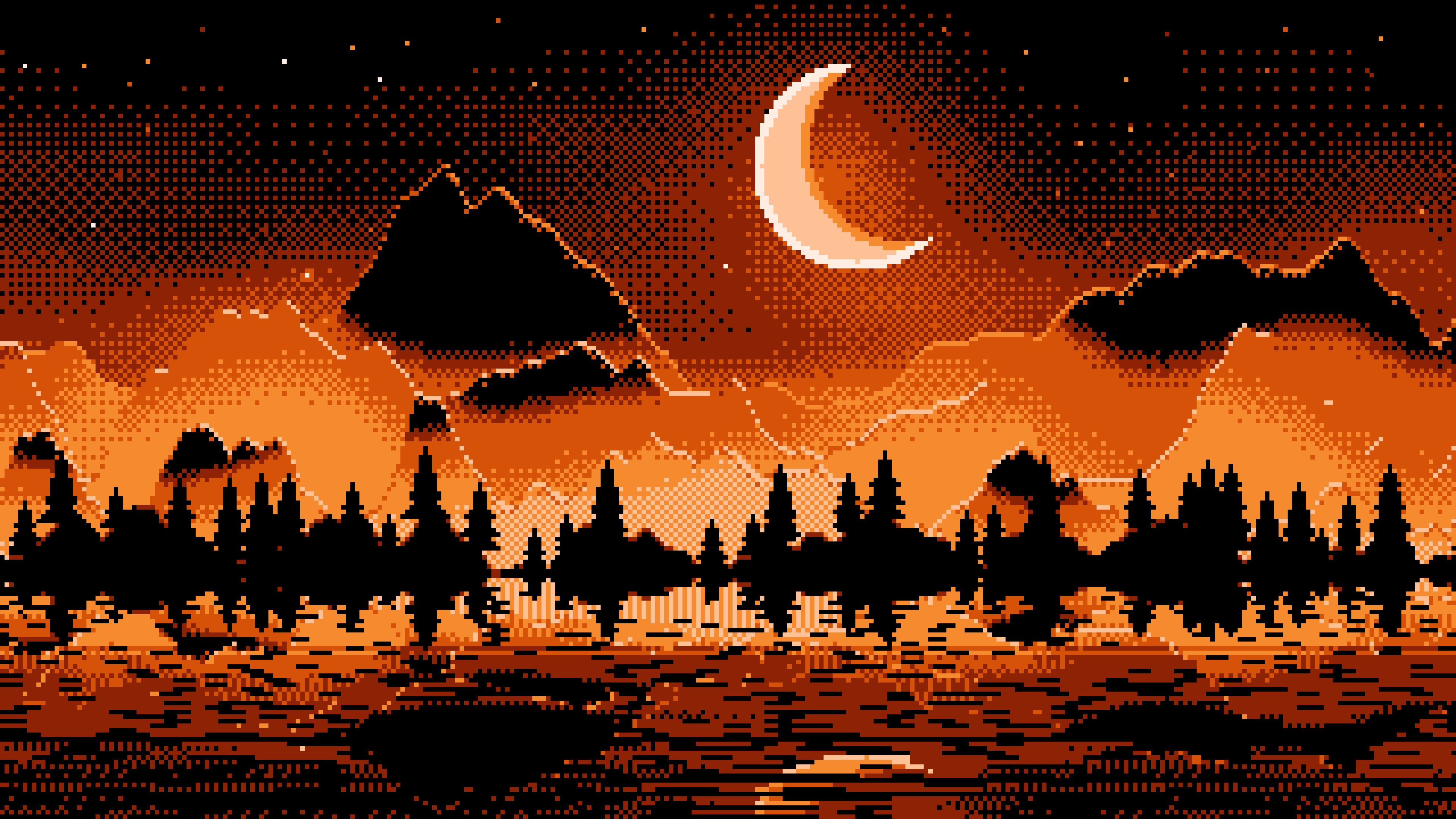 Orange Pixel Art Moonlit Mountains desktop wallpaper in 4K
