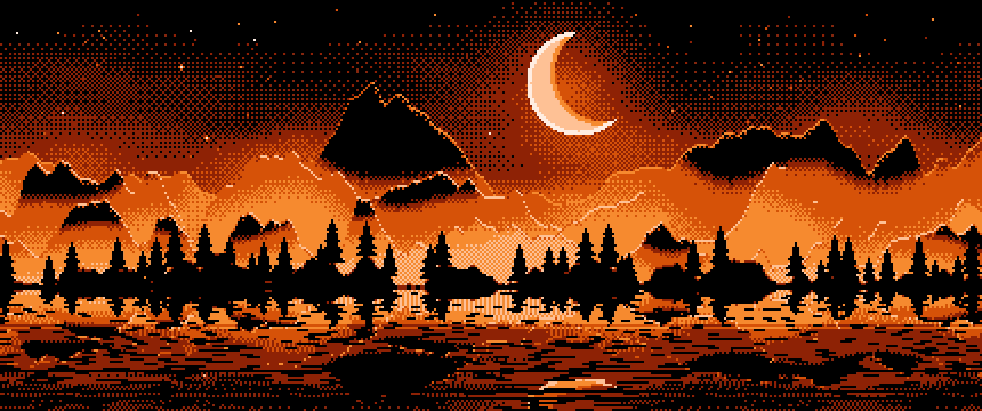 Orange Pixel Art Moonlit Mountains ultrawide wallpaper, 3440 × 1440