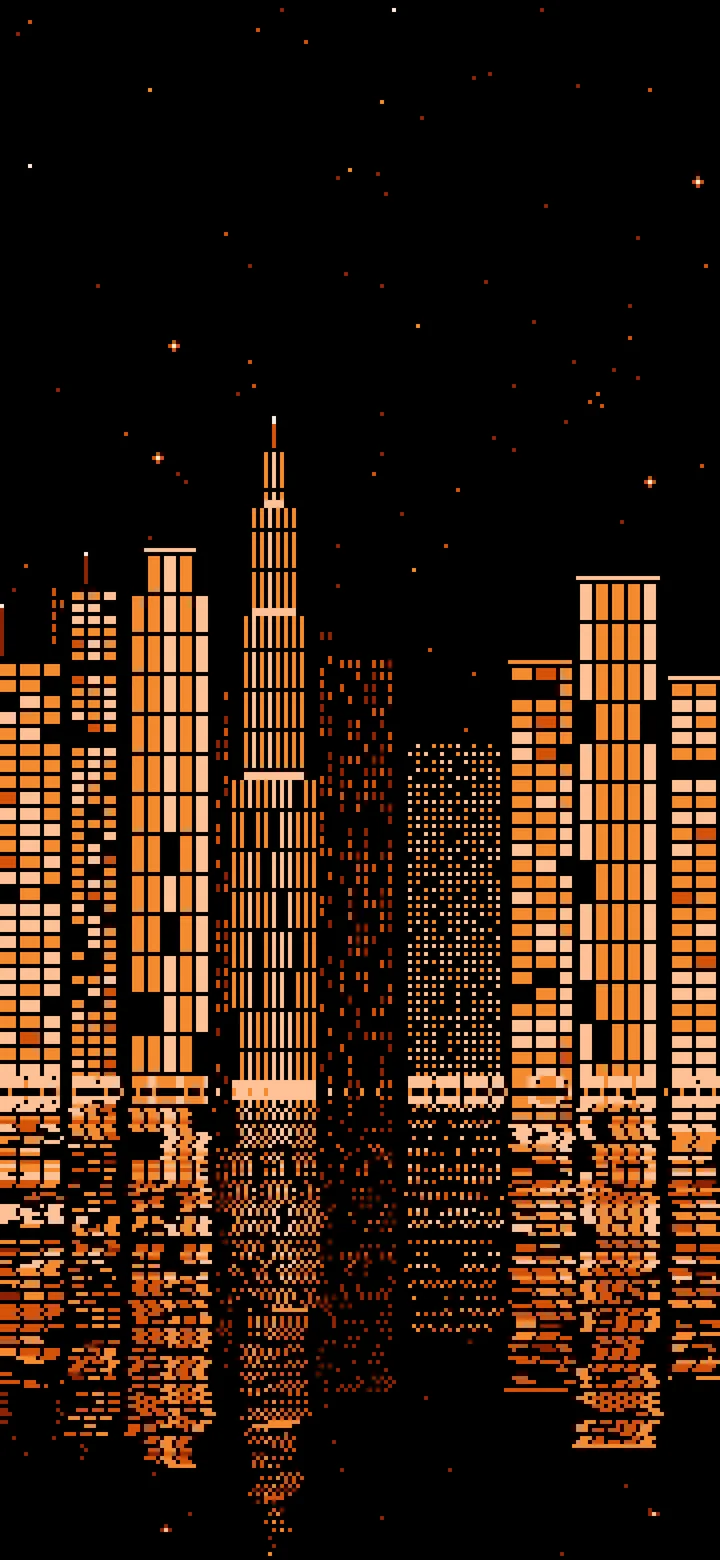 Orange Pixel Art Neon Skyline at Night wallpaper for iPhone and Android